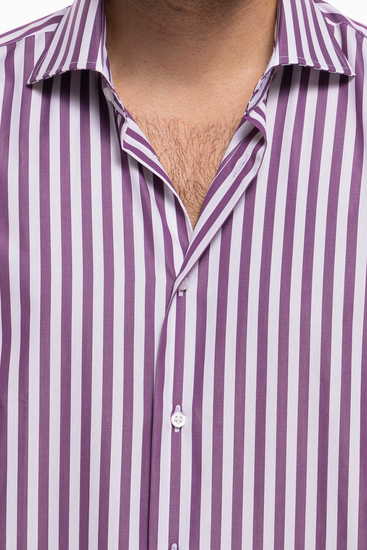 Camicia Uomo regular Fit riga viola larga 100% cotone collo semi francese mileta Tessuti