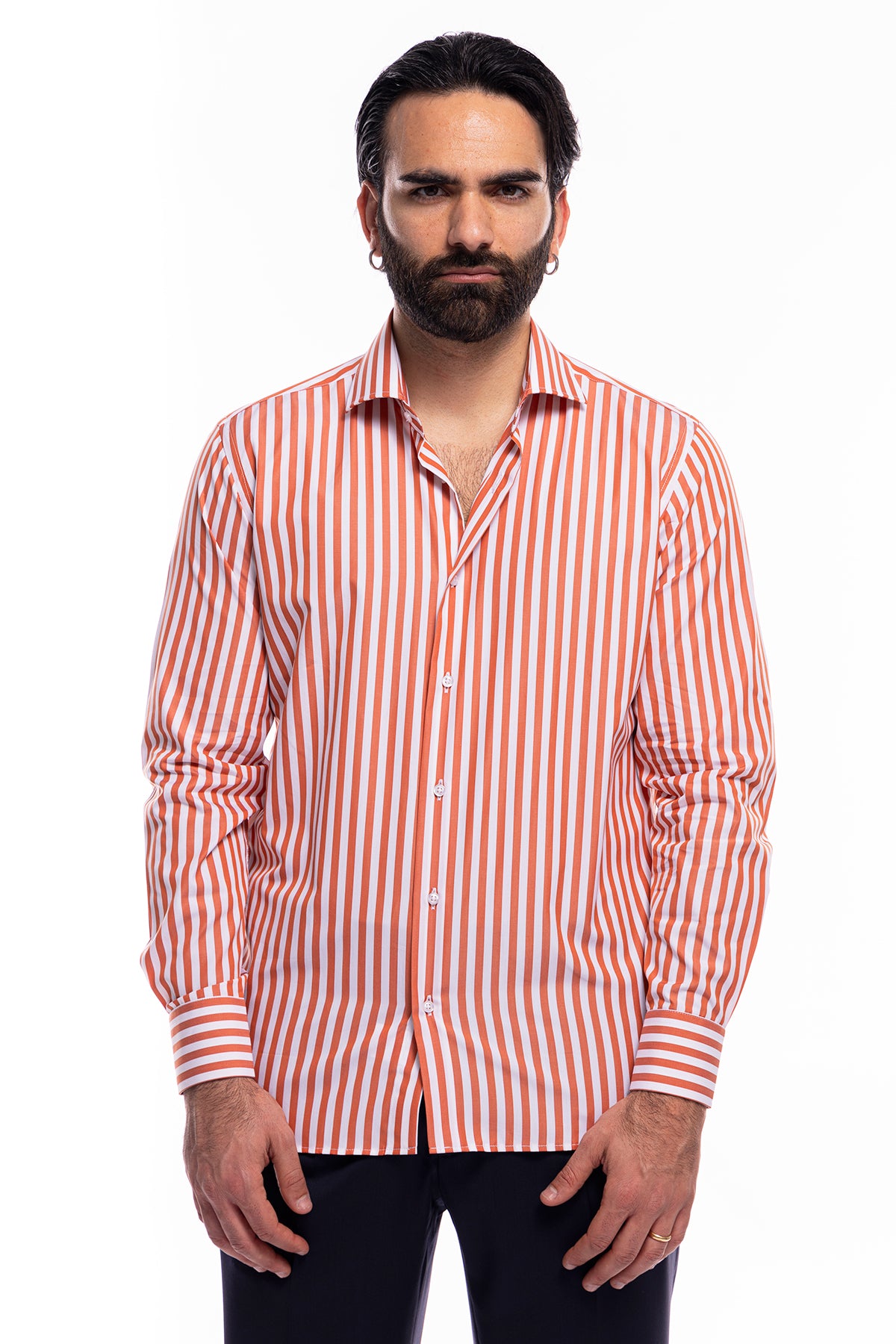 Camicia Uomo slim regular riga arancio larga 100% cotone collo semi francese mileta Tessuti