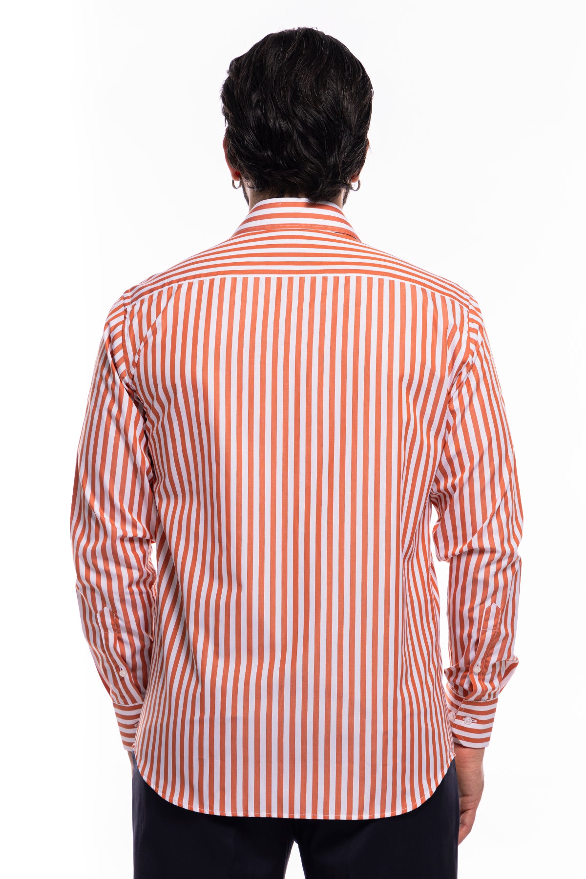 Camicia Uomo slim regular riga arancio larga 100% cotone collo semi francese mileta Tessuti