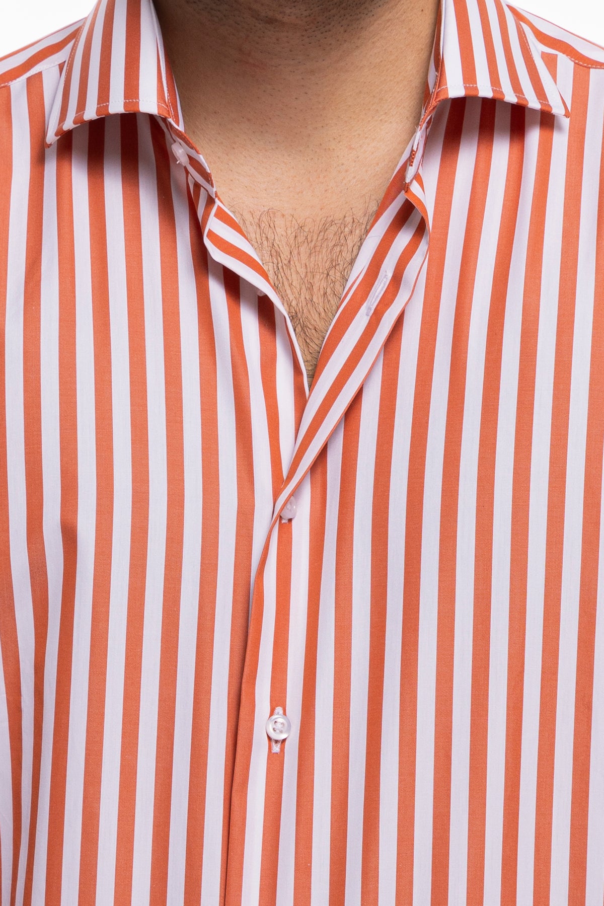 Camicia Uomo slim regular riga arancio larga 100% cotone collo semi francese mileta Tessuti