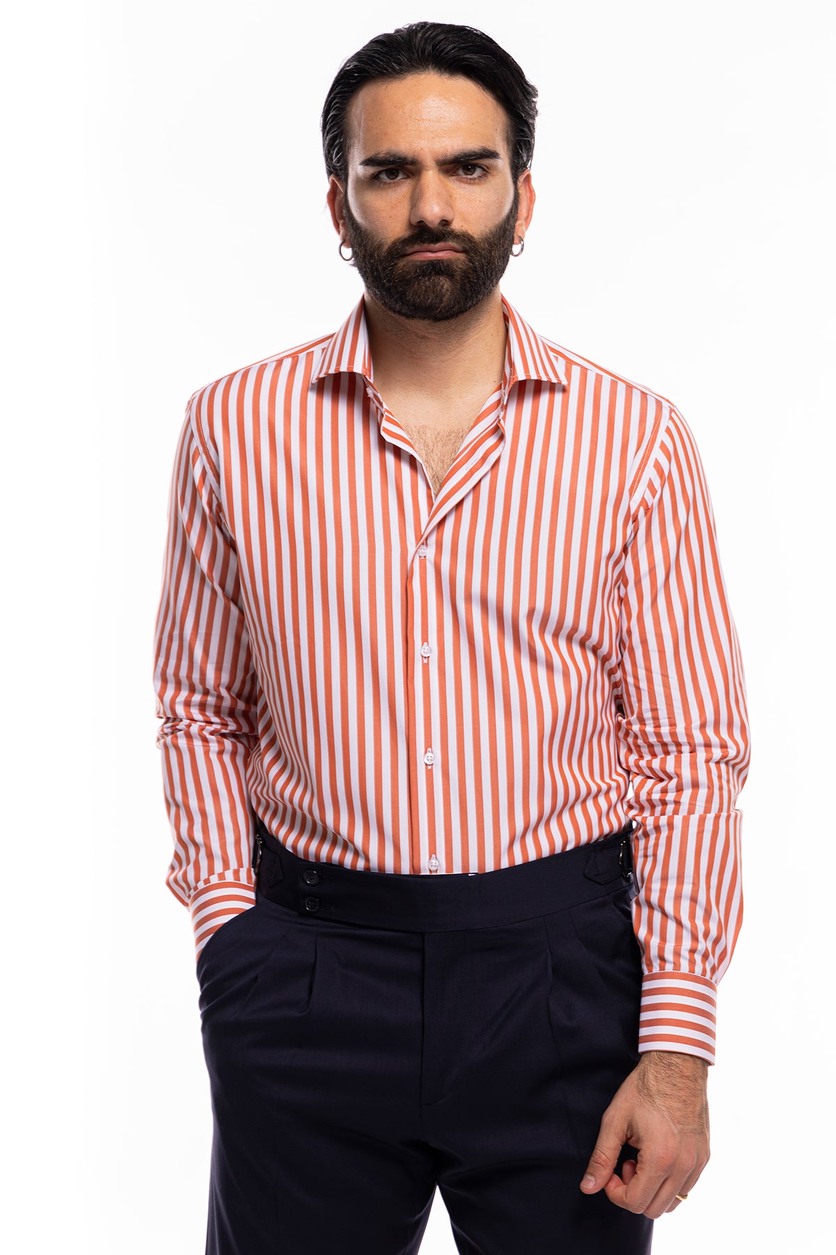 Camicia Uomo slim regular riga arancio larga 100% cotone collo semi francese mileta Tessuti