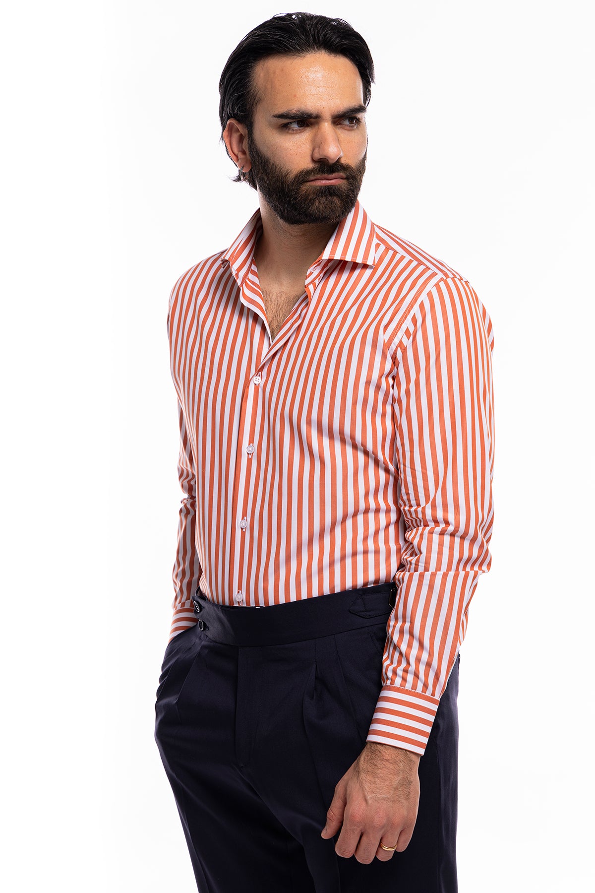 Camicia Uomo slim regular riga arancio larga 100% cotone collo semi francese mileta Tessuti