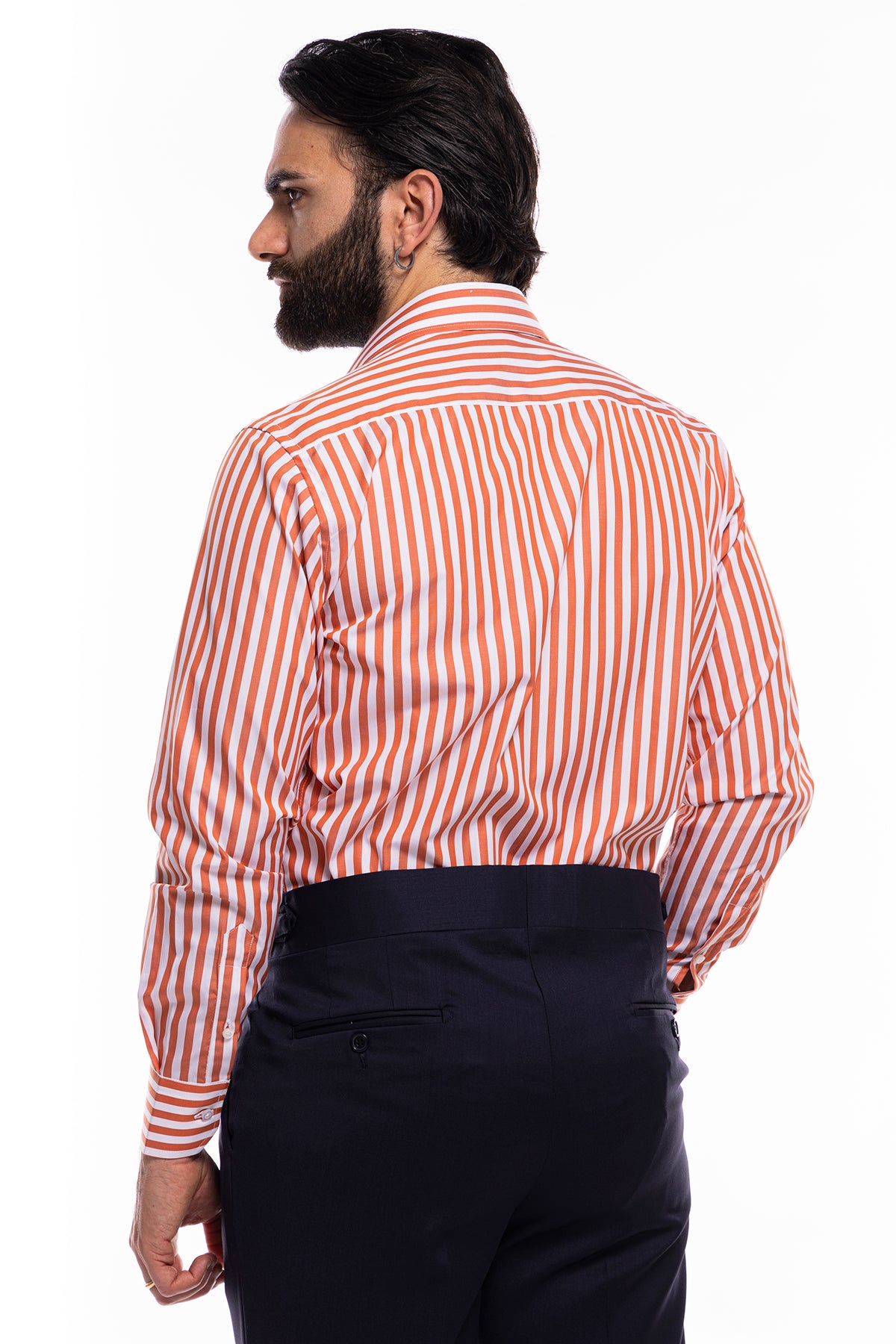 Camicia Uomo slim regular riga arancio larga 100% cotone collo semi francese mileta Tessuti