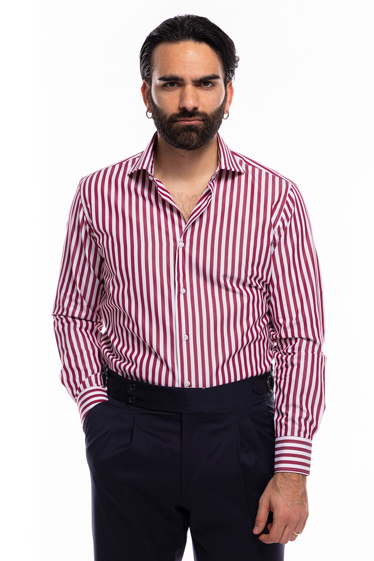 Camicia Uomo regular Fit riga bordeaux larga 100% cotone collo semi francese mileta Tessuti