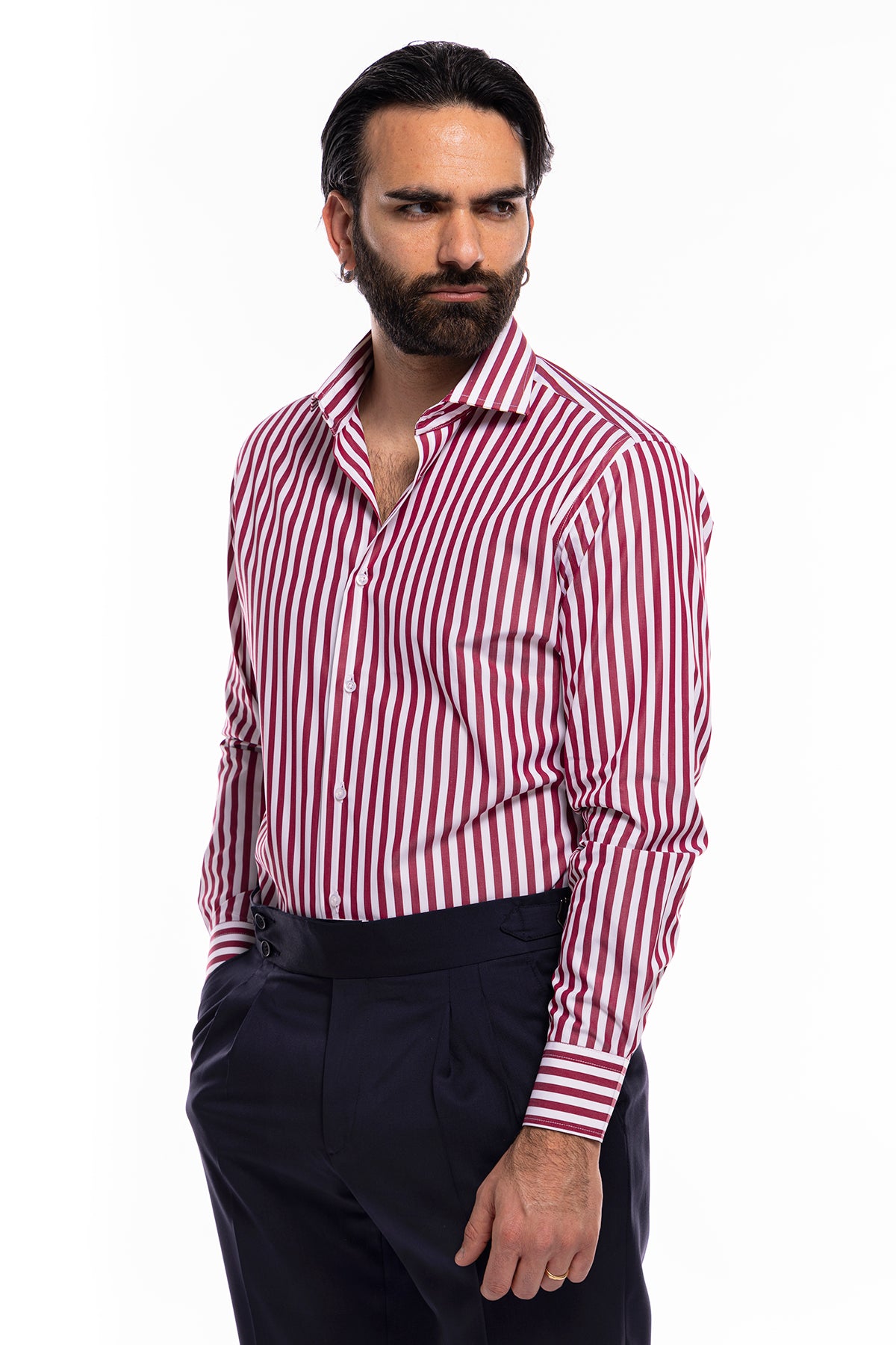 Camicia Uomo regular Fit riga bordeaux larga 100% cotone collo semi francese mileta Tessuti
