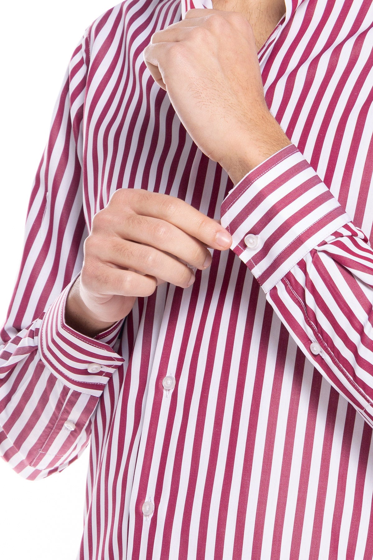 Camicia Uomo regular Fit riga bordeaux larga 100% cotone collo semi francese mileta Tessuti