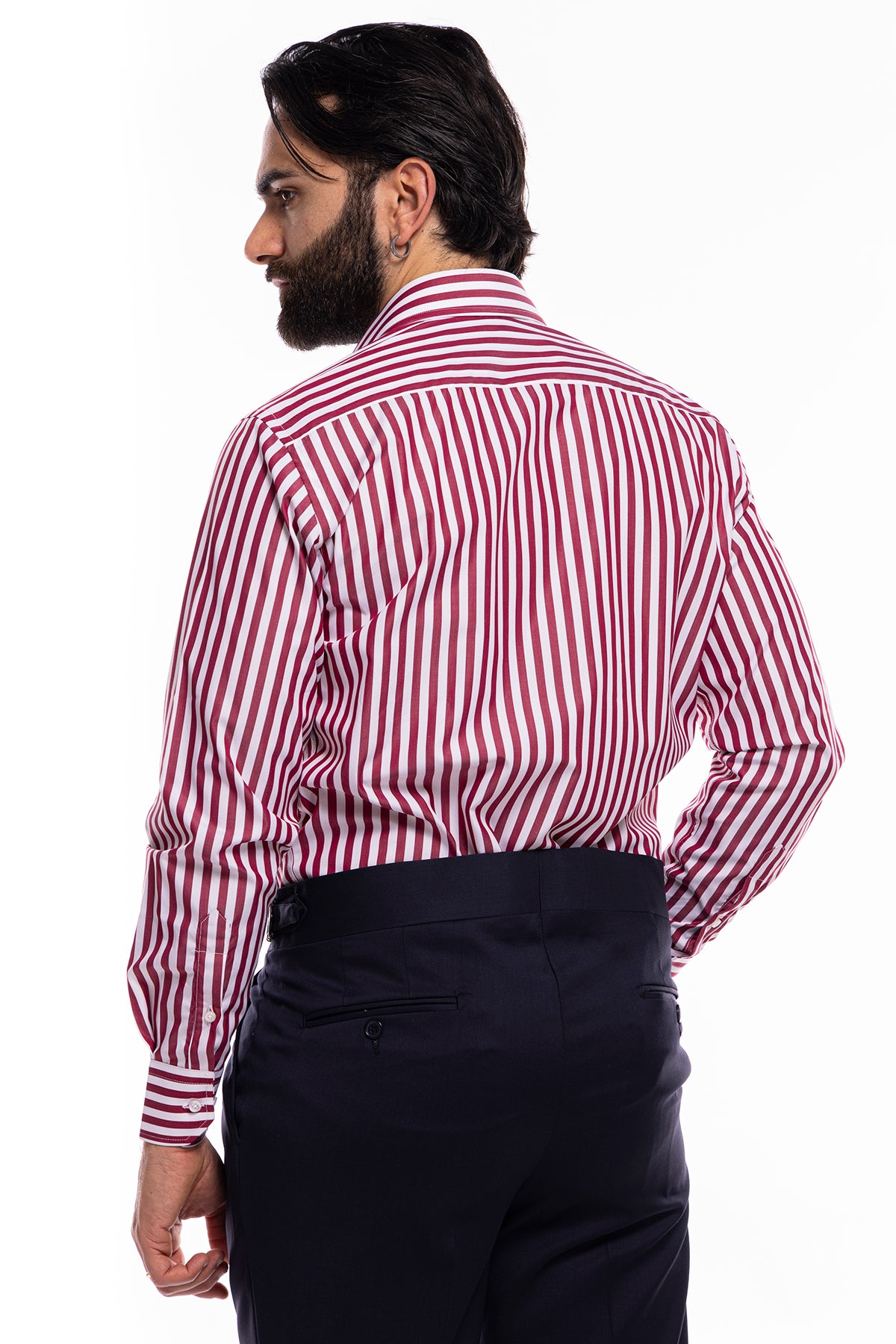 Camicia Uomo regular Fit riga bordeaux larga 100% cotone collo semi francese mileta Tessuti