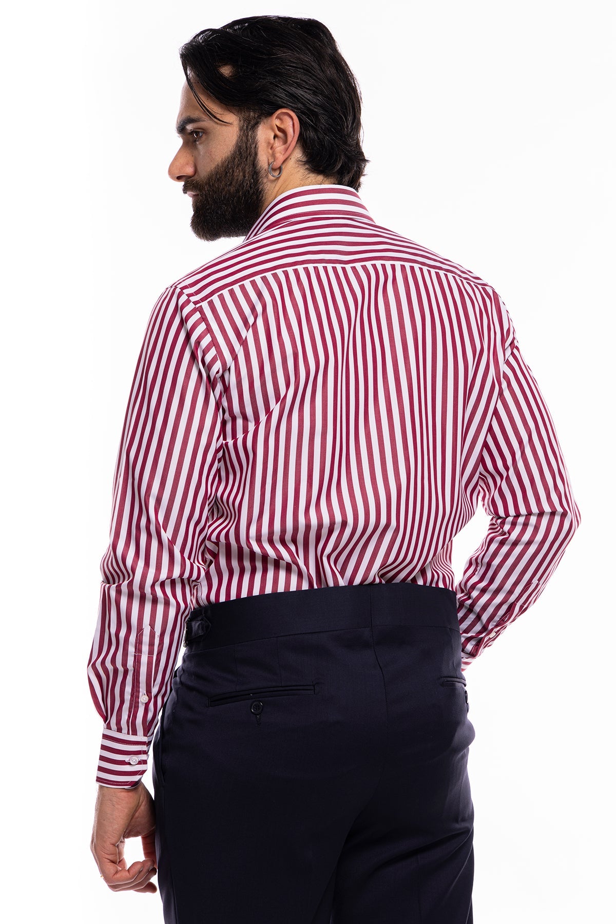 Camicia Uomo regular Fit riga bordeaux larga 100% cotone collo semi francese mileta Tessuti