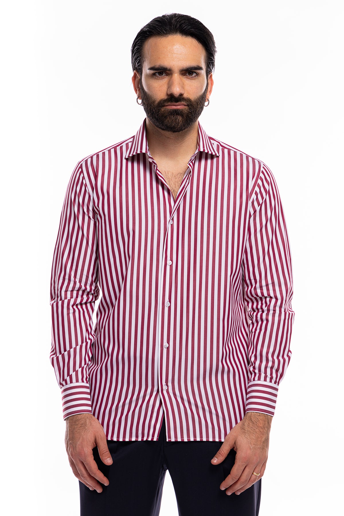 Camicia Uomo regular Fit riga bordeaux larga 100% cotone collo semi francese mileta Tessuti