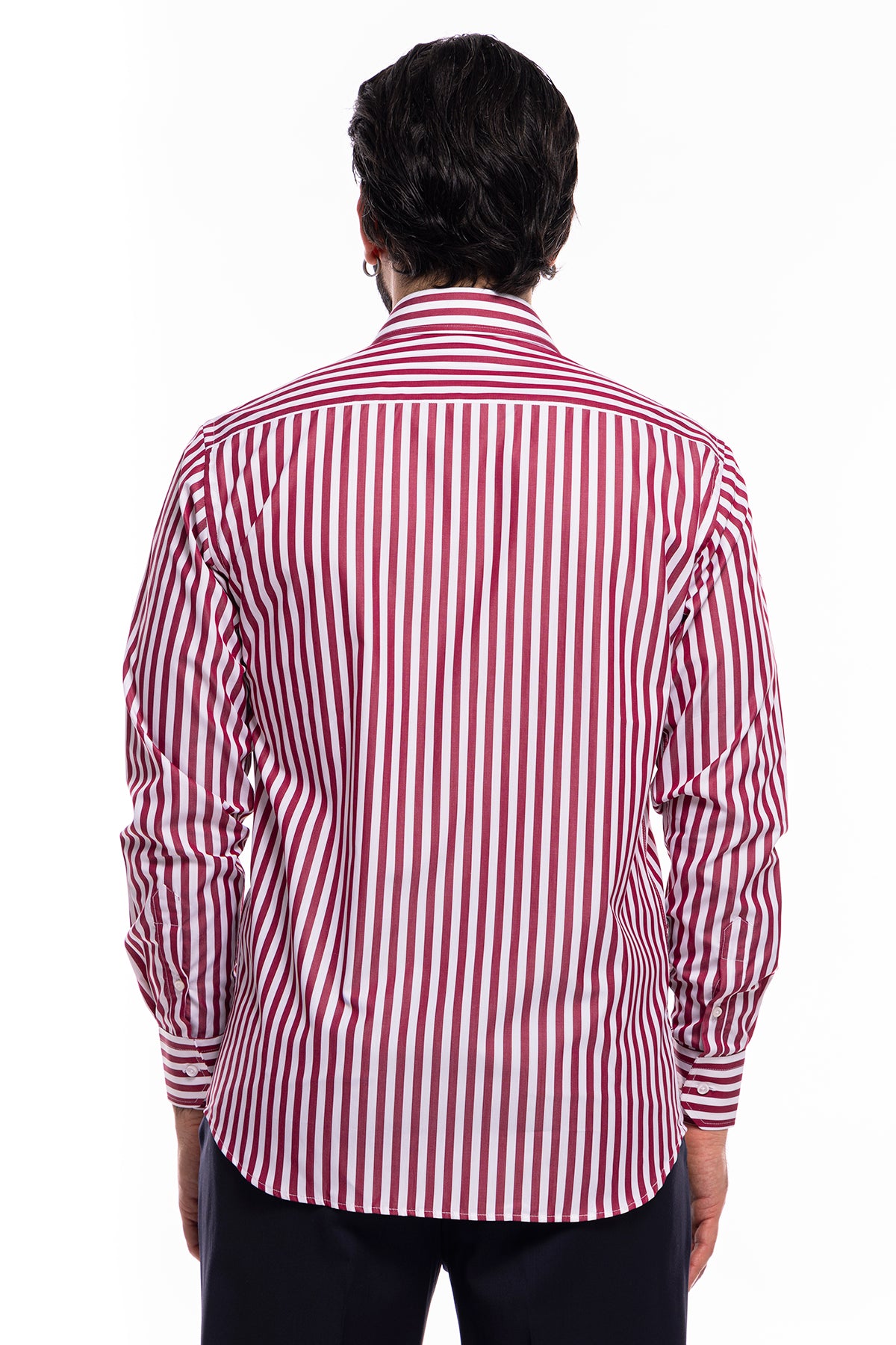 Camicia Uomo regular Fit riga bordeaux larga 100% cotone collo semi francese mileta Tessuti