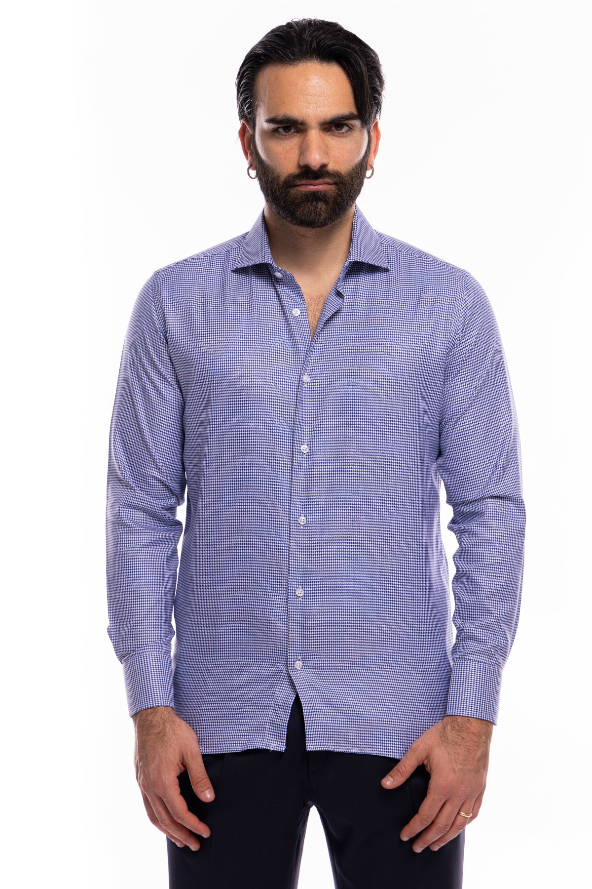 Camicia Uomo regular Fit blu pied poule 100% cotone Tinta unita collo semi francese mileta Tessuti