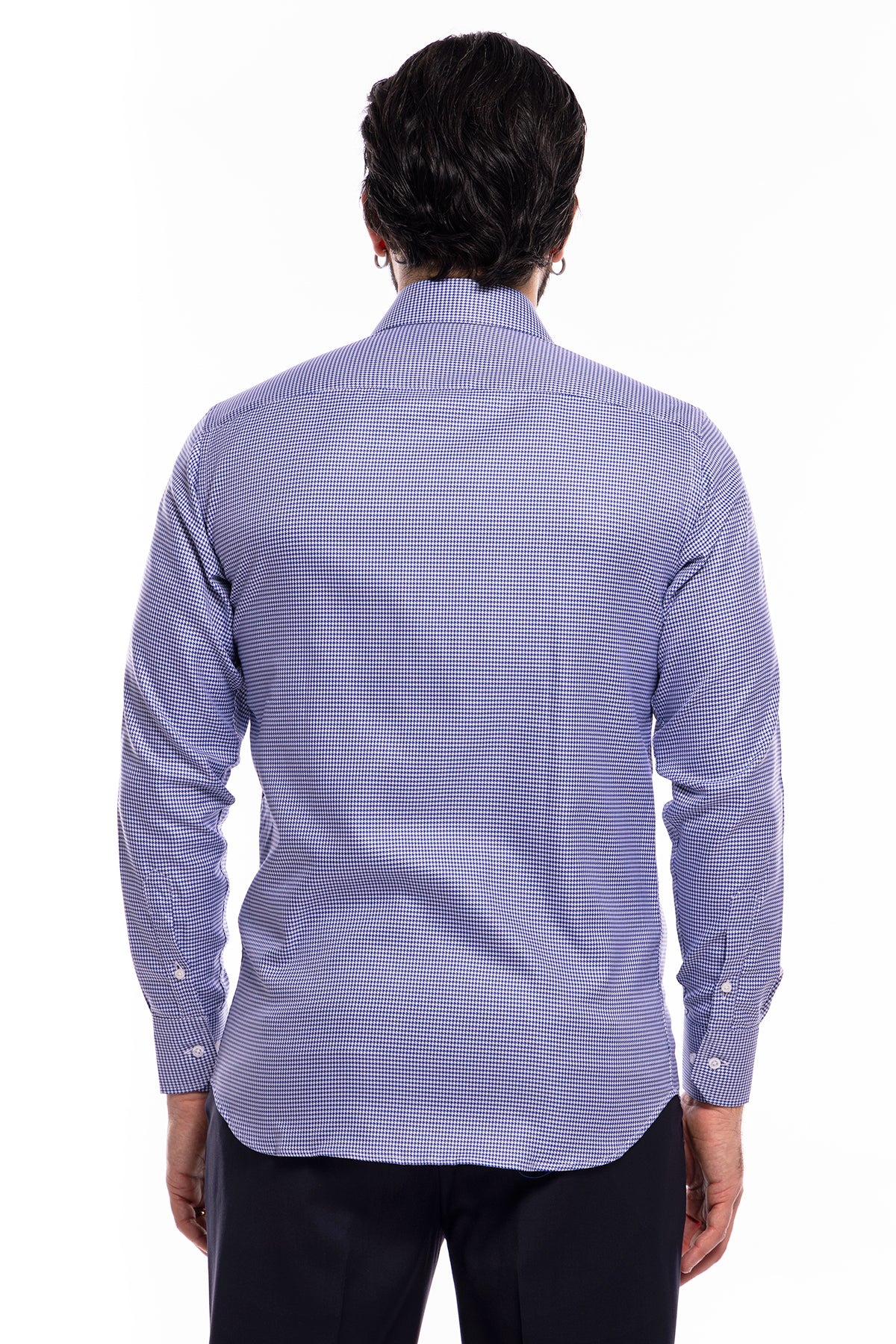Camicia Uomo regular Fit blu pied poule 100% cotone Tinta unita collo semi francese mileta Tessuti
