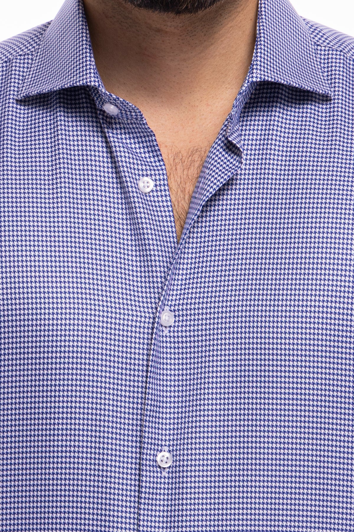 Camicia Uomo regular Fit blu pied poule 100% cotone Tinta unita collo semi francese mileta Tessuti