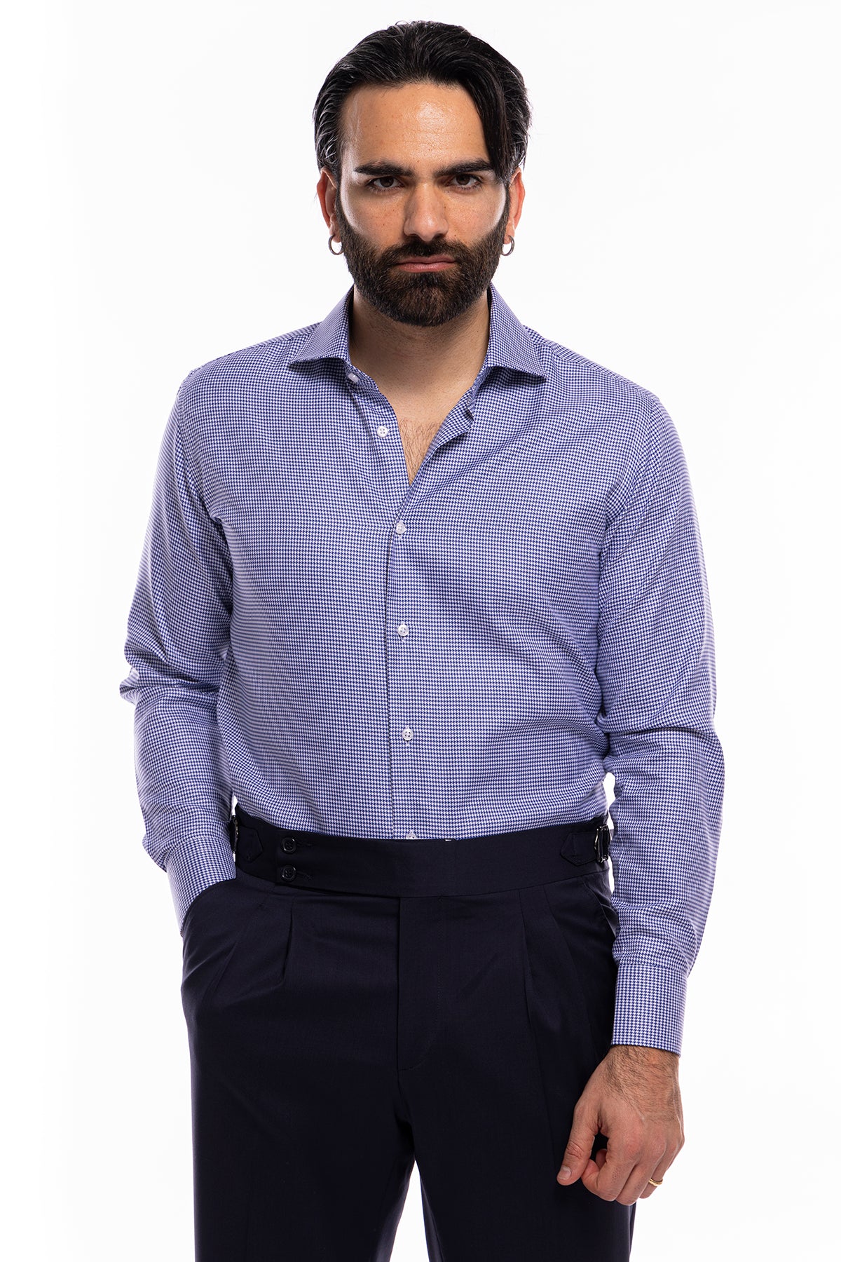 Camicia Uomo regular Fit blu pied poule 100% cotone Tinta unita collo semi francese mileta Tessuti