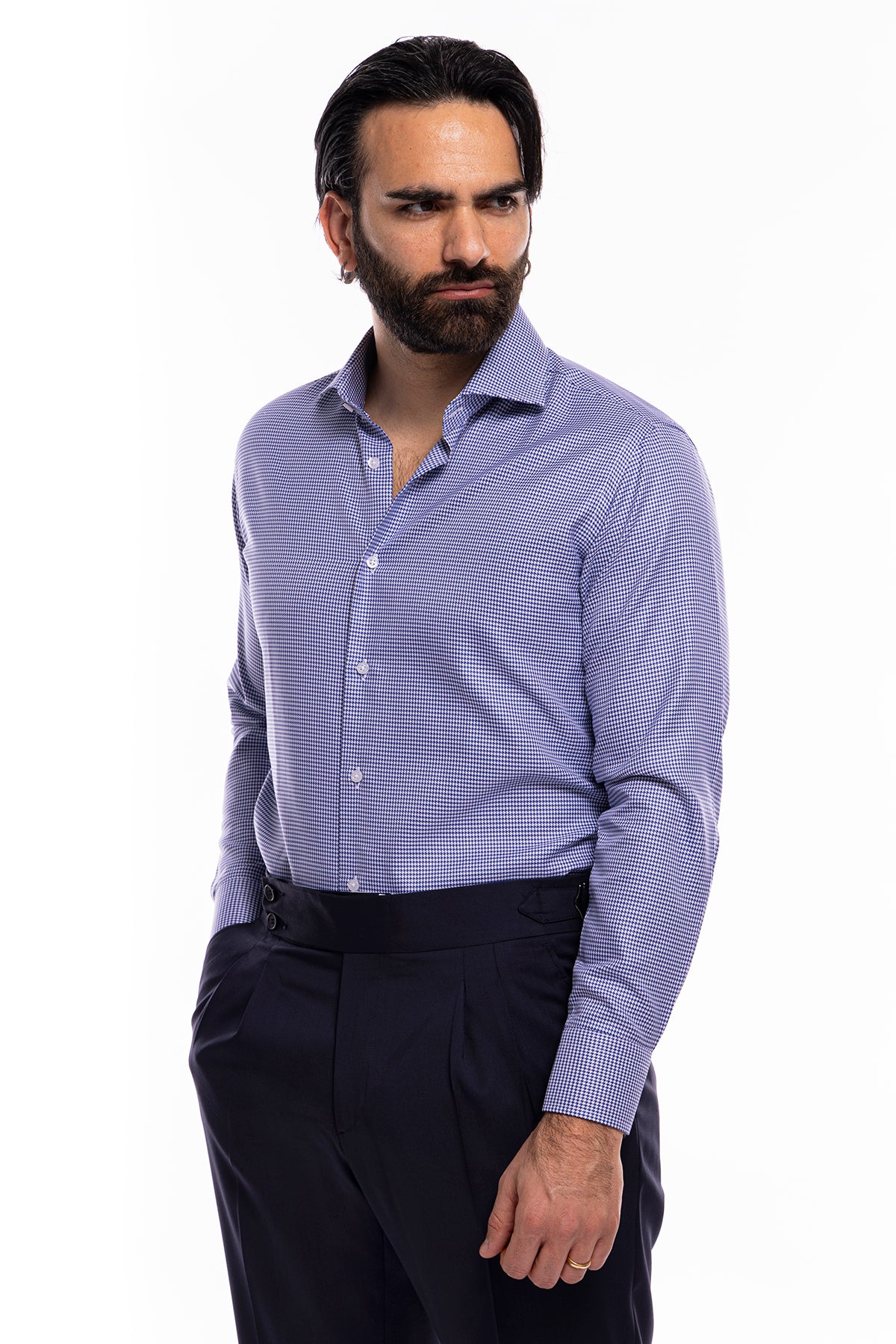 Camicia Uomo regular Fit blu pied poule 100% cotone Tinta unita collo semi francese mileta Tessuti