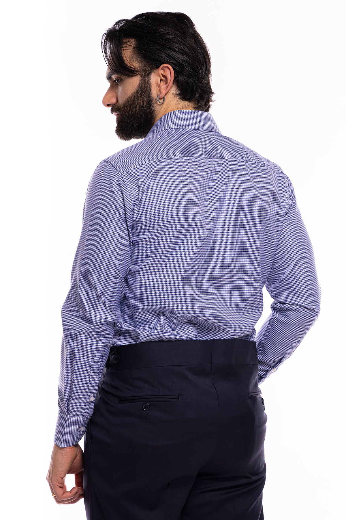 Camicia Uomo regular Fit blu pied poule 100% cotone Tinta unita collo semi francese mileta Tessuti