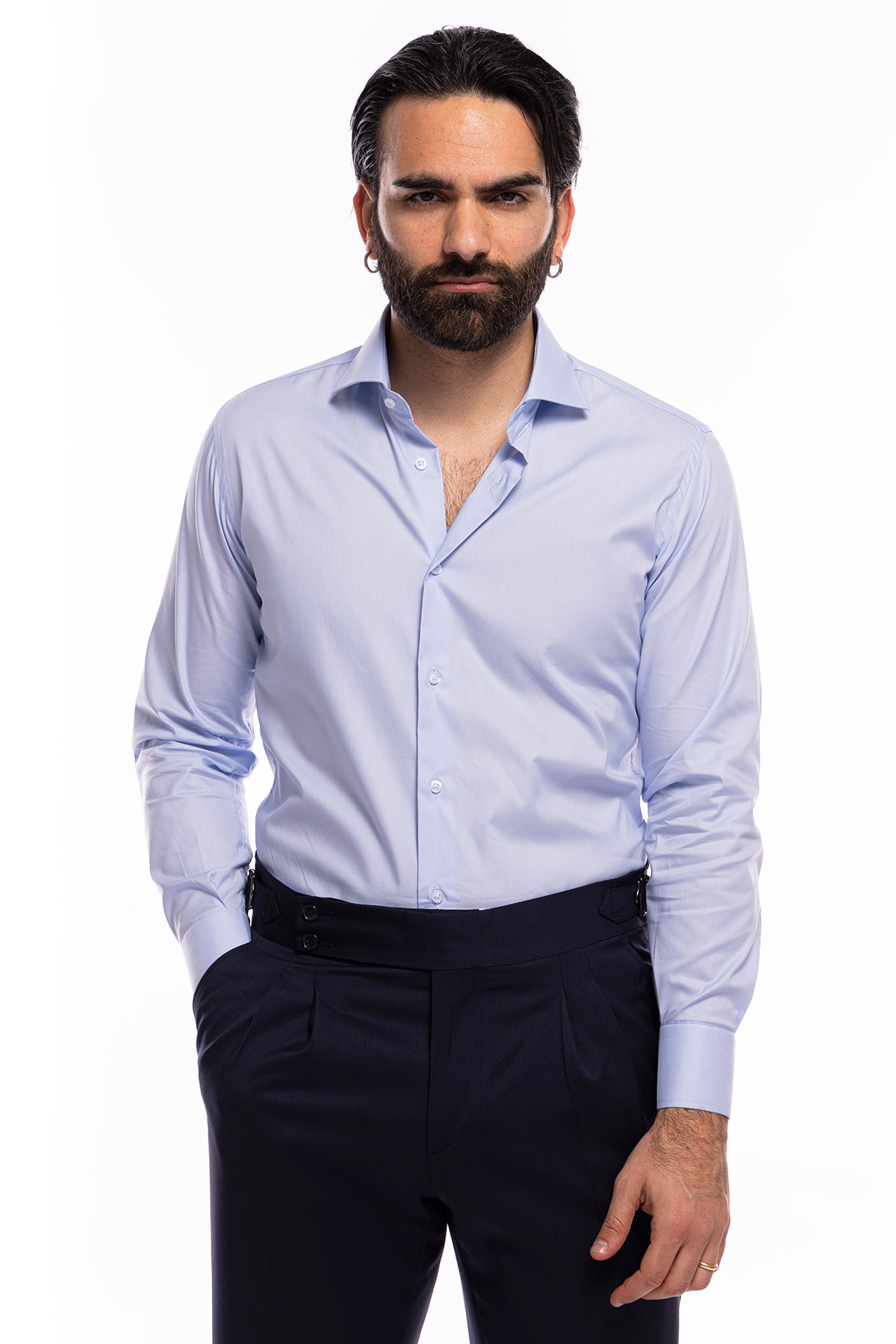 Camicia Uomo regular fit celeste cotone Elastico Collo semi francese tinta unita sartoriale