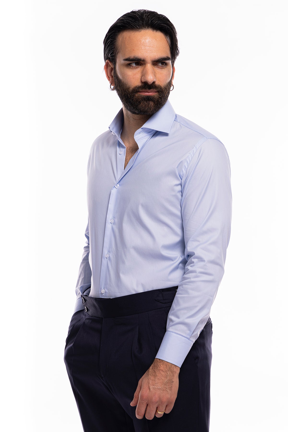 Camicia Uomo regular fit celeste cotone Elastico Collo semi francese tinta unita sartoriale