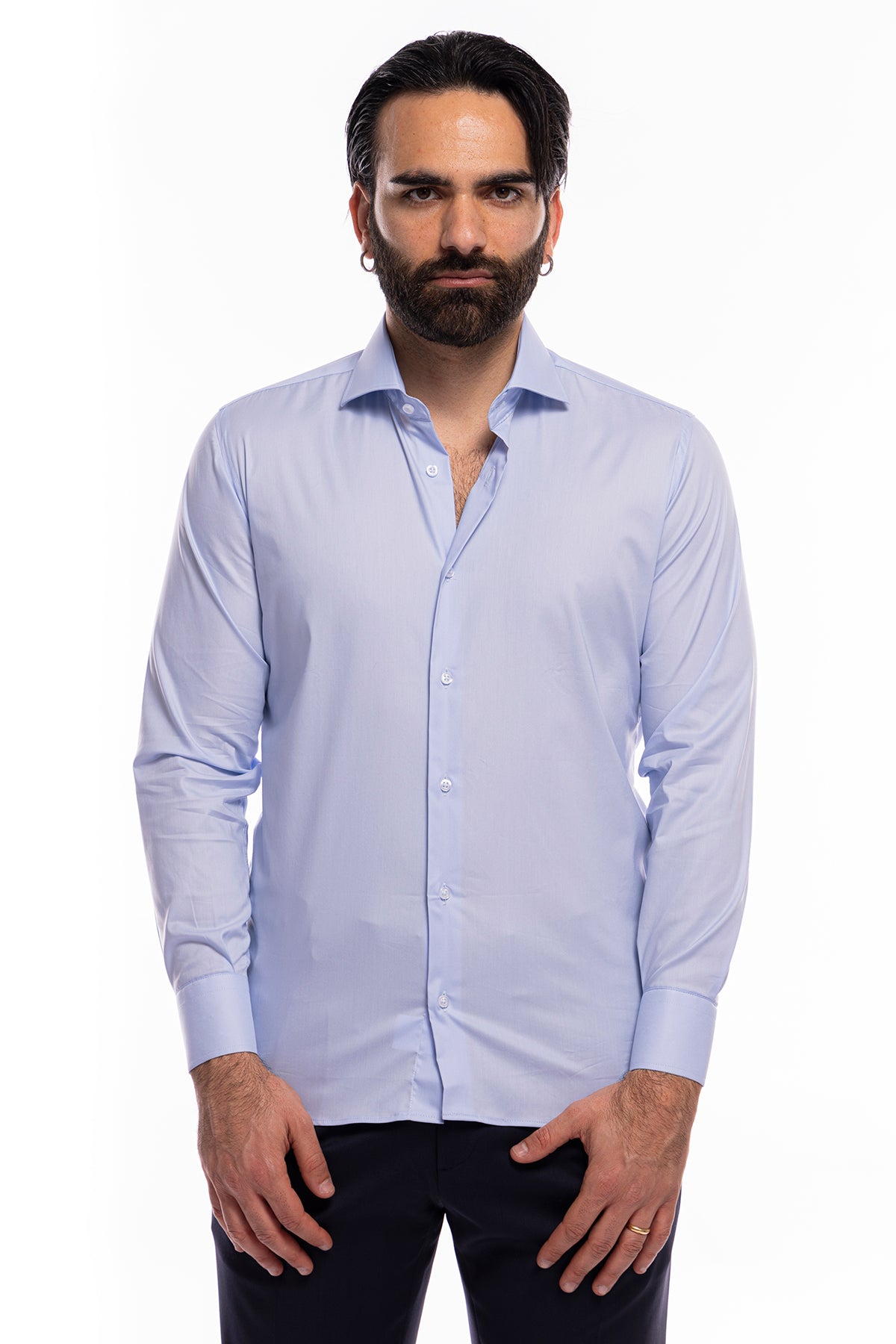 Camicia Uomo regular fit celeste cotone Elastico Collo semi francese tinta unita sartoriale