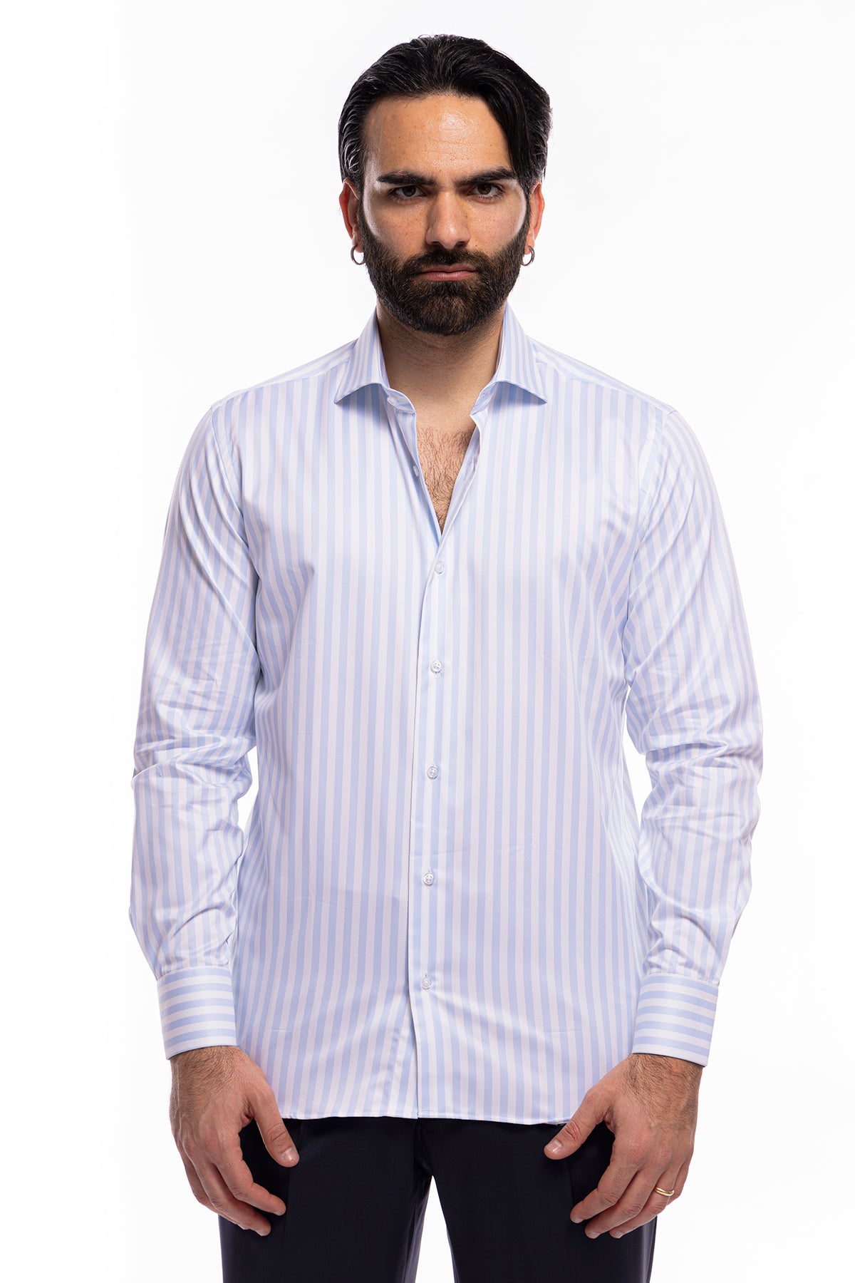Camicia Uomo regular Fit riga celeste larga 100% cotone collo semi francese mileta Tessuti