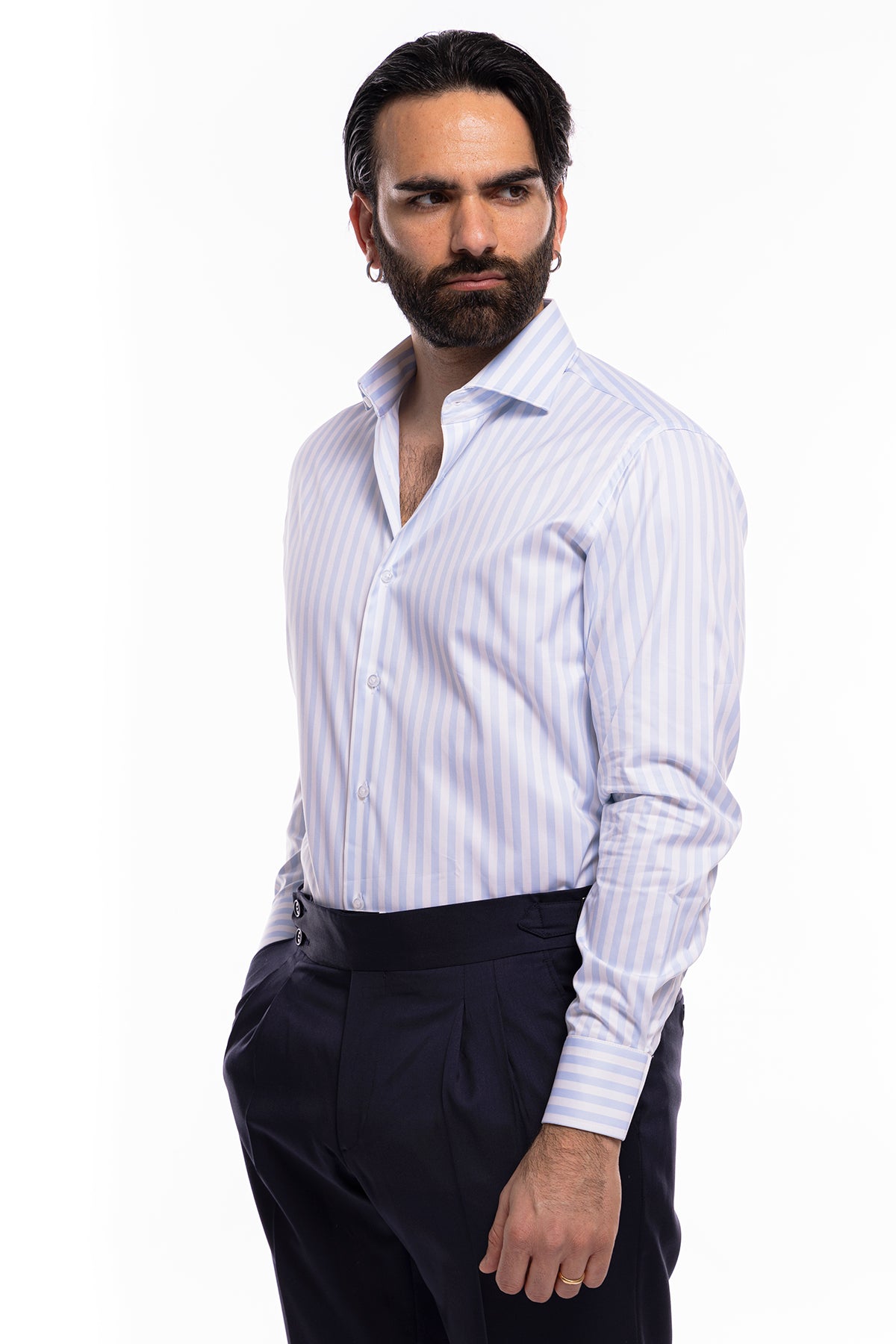 Camicia Uomo regular Fit riga celeste larga 100% cotone collo semi francese mileta Tessuti