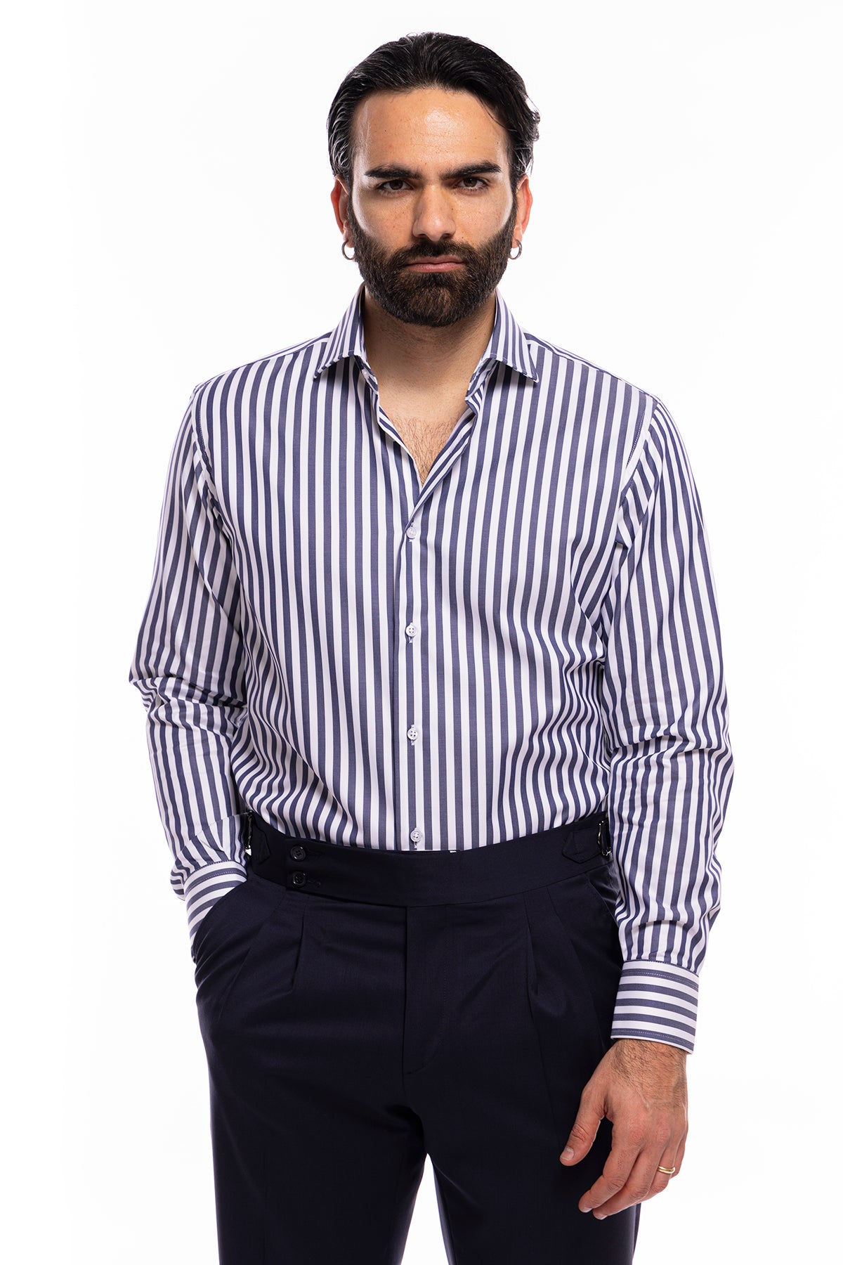 Camicia Uomo regular Fit riga blu denim larga 100% cotone collo semi francese mileta Tessuti