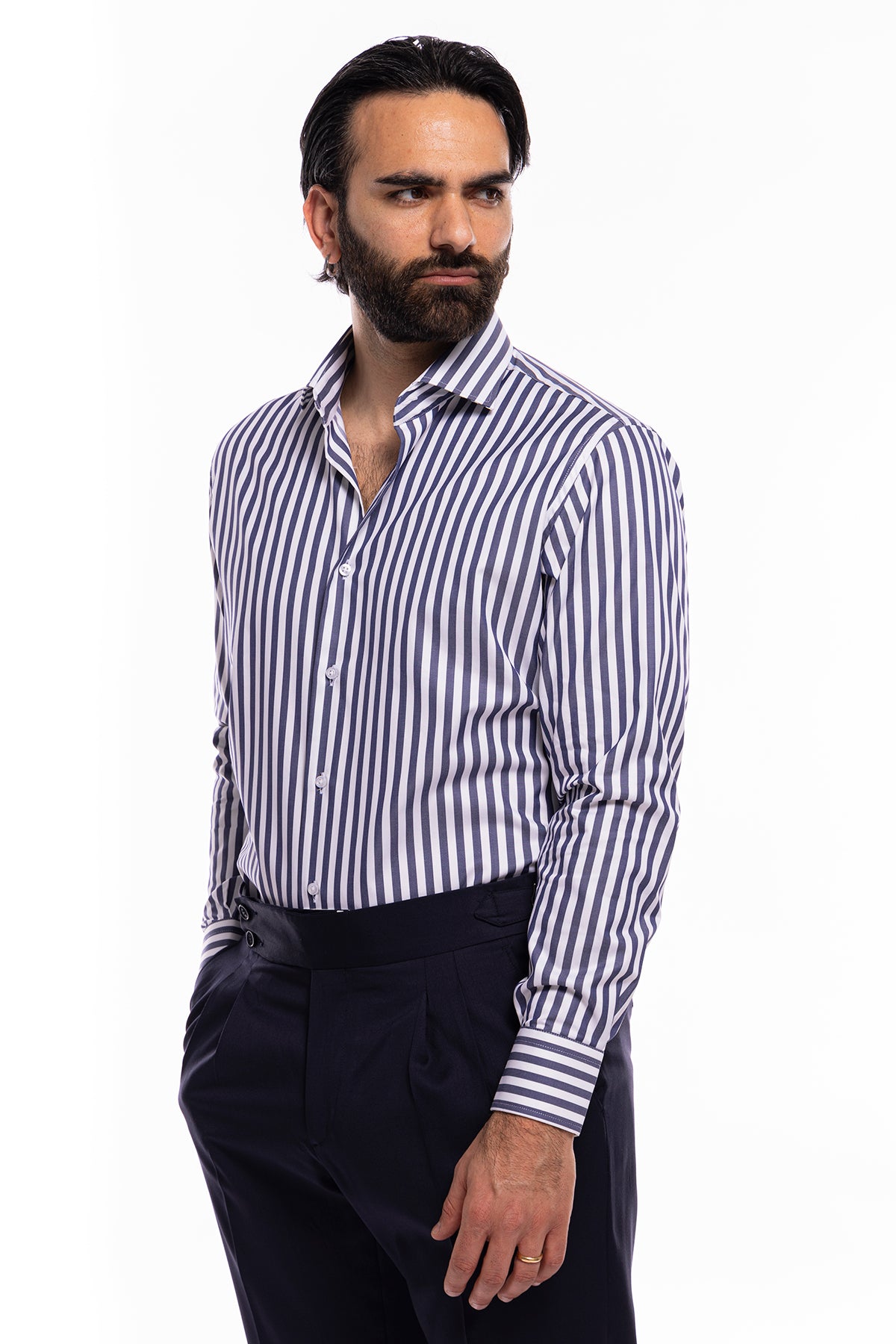 Camicia Uomo regular Fit riga blu denim larga 100% cotone collo semi francese mileta Tessuti