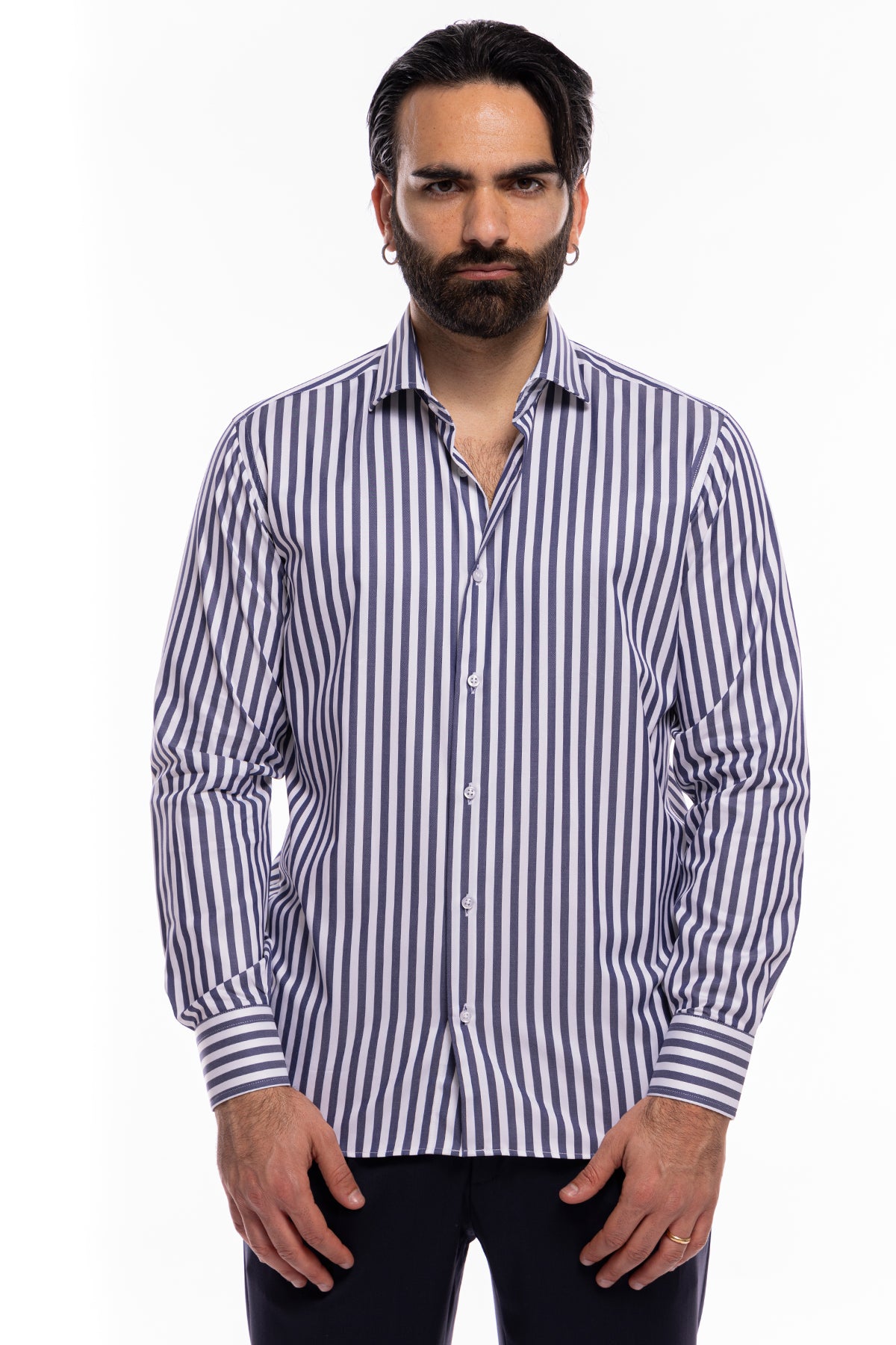 Camicia Uomo regular Fit riga blu denim larga 100% cotone collo semi francese mileta Tessuti