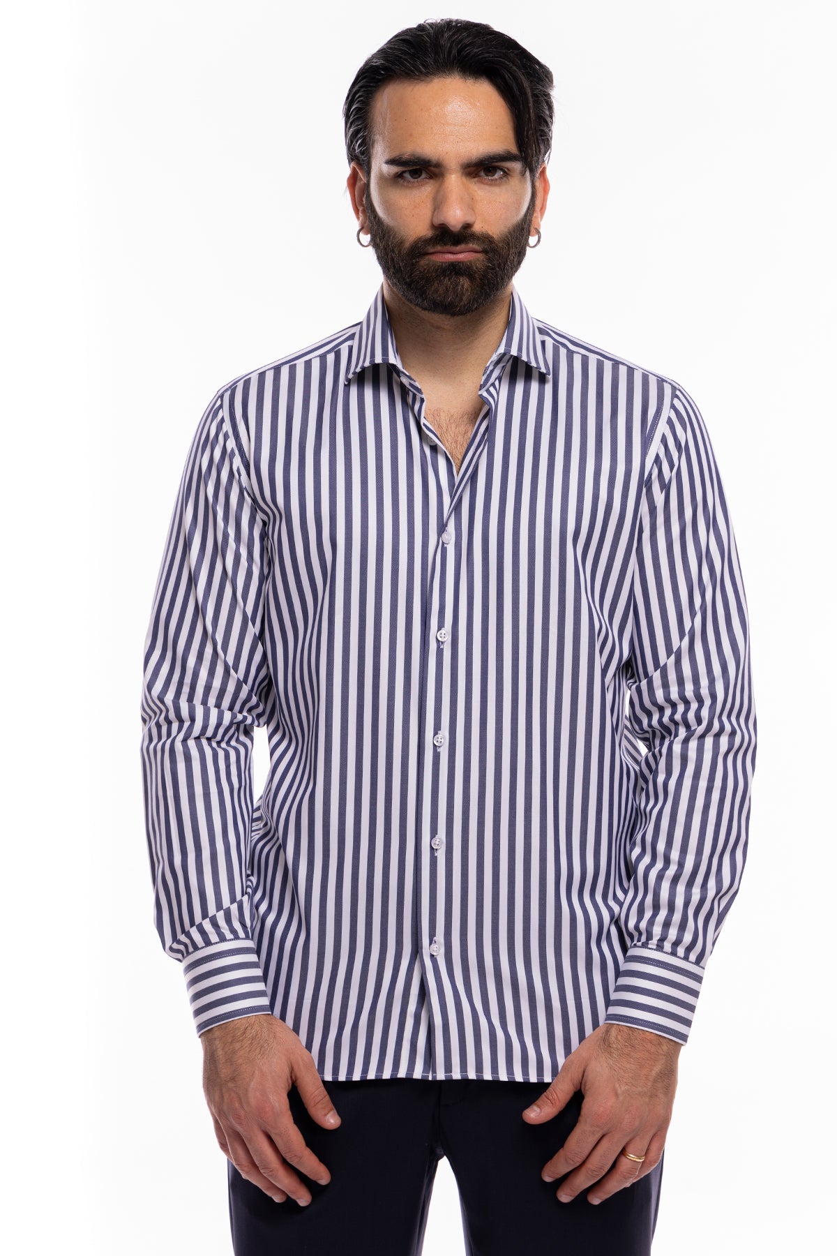 Camicia Uomo regular Fit riga blu denim larga 100% cotone collo semi francese mileta Tessuti