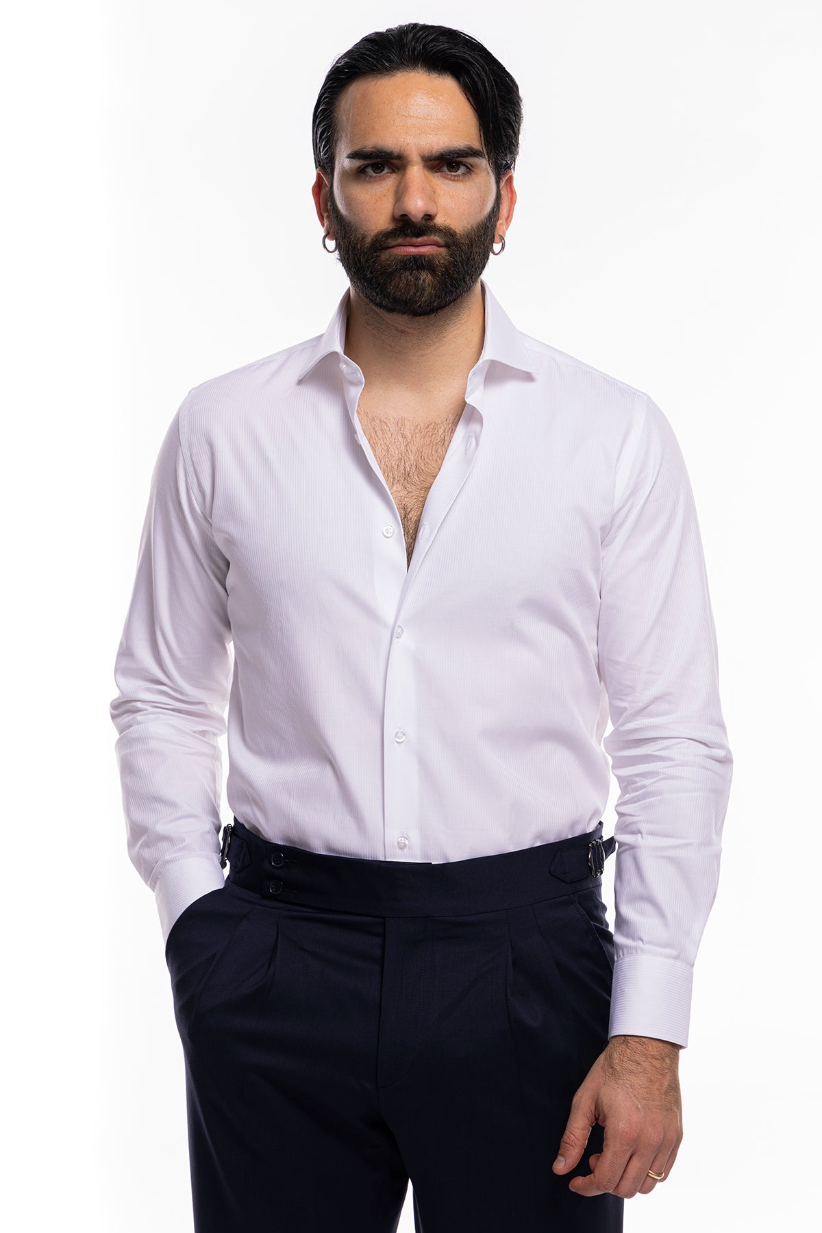 Camicia Uomo bianca regular Fit 100% cotone rigato tono su tono collo semi francese Monti Tessuti
