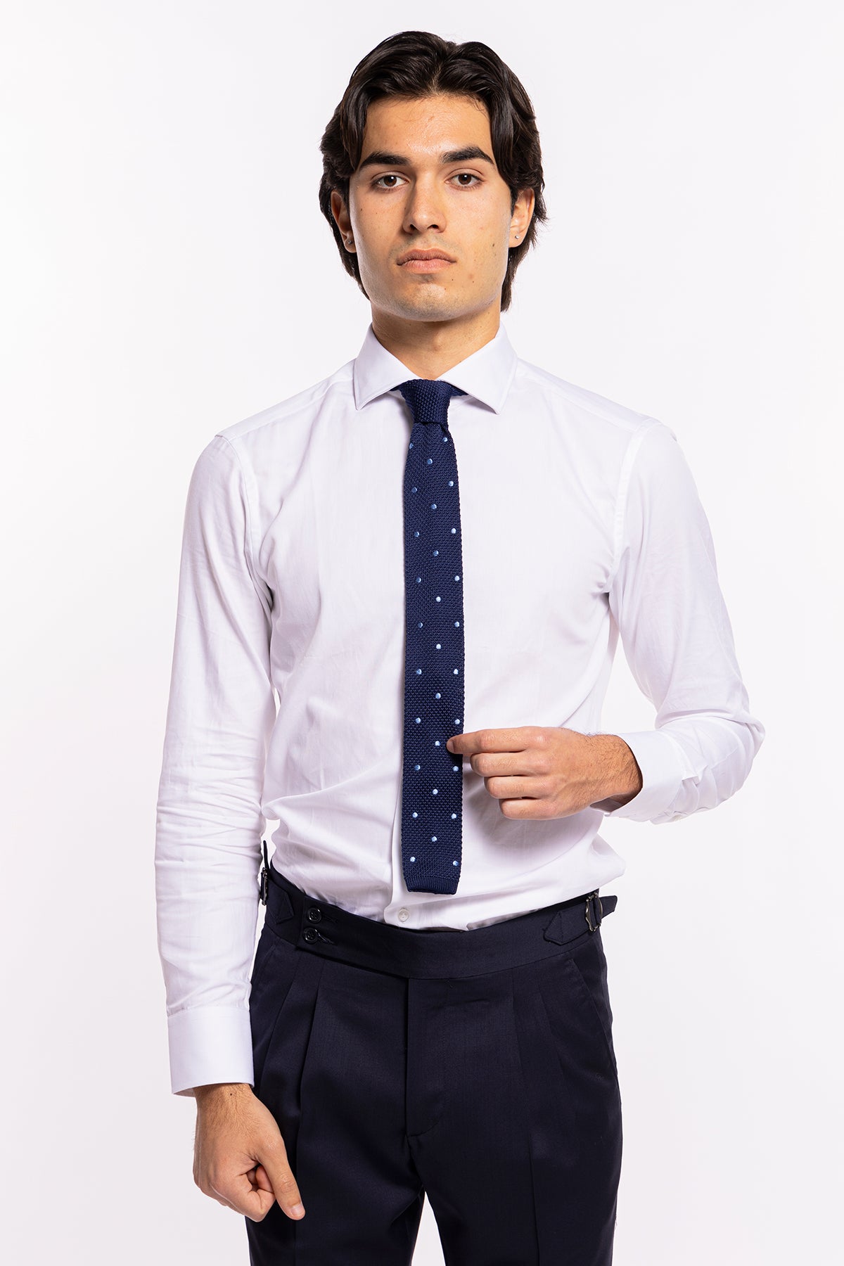 Cravatta uomo Blu in tricot fantasia pois azzurri 6cm fondo dritto