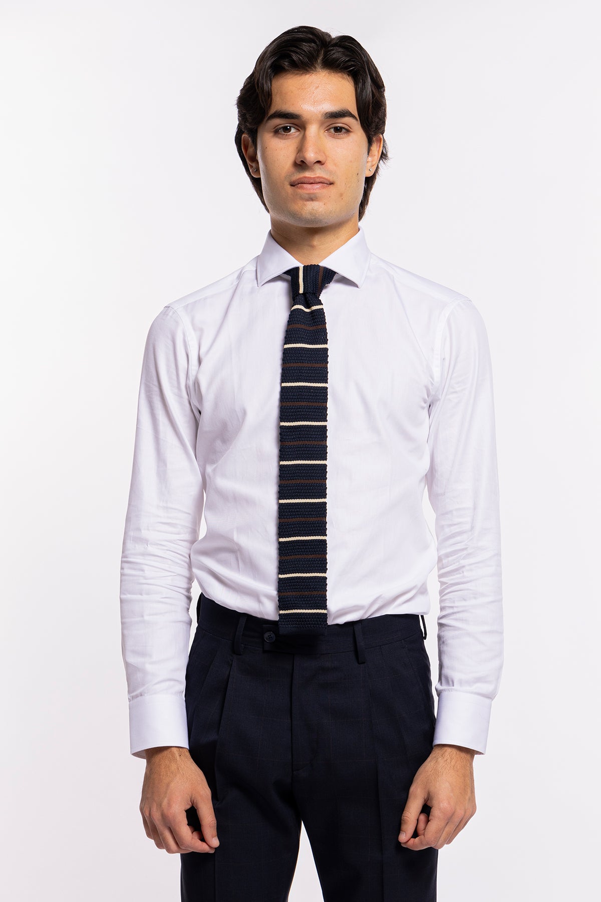 Cravatta uomo Blu in tricot fantasia riga beige e marrone 6cm fondo dritto