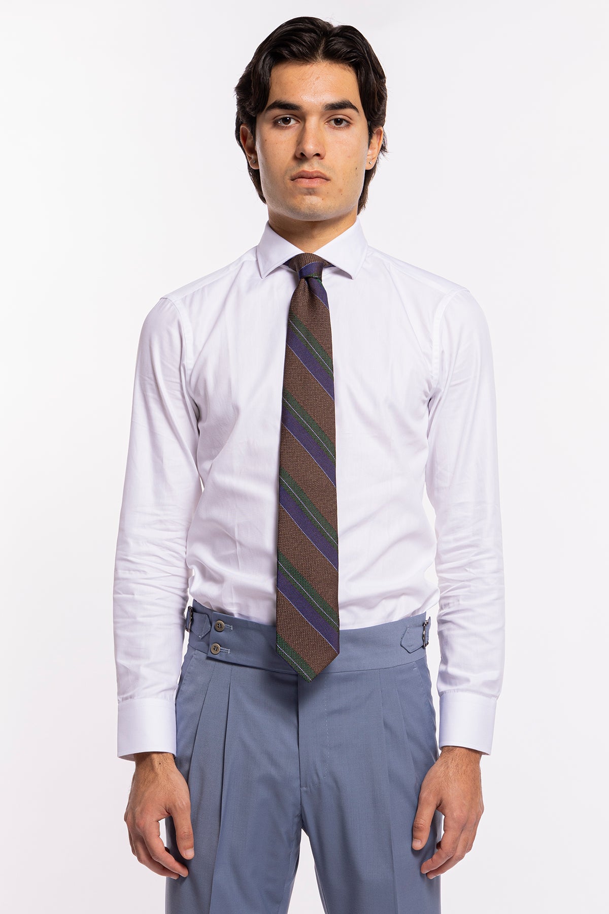 Cravatta uomo marrone 9cm in seta fantasia riga diagonale blu e verde da cerimonia elegante