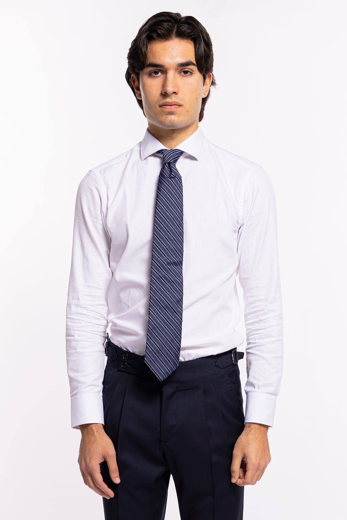 Cravatta uomo blu chiaro 9cm in seta fantasia riga diagonale blu da cerimonia elegante