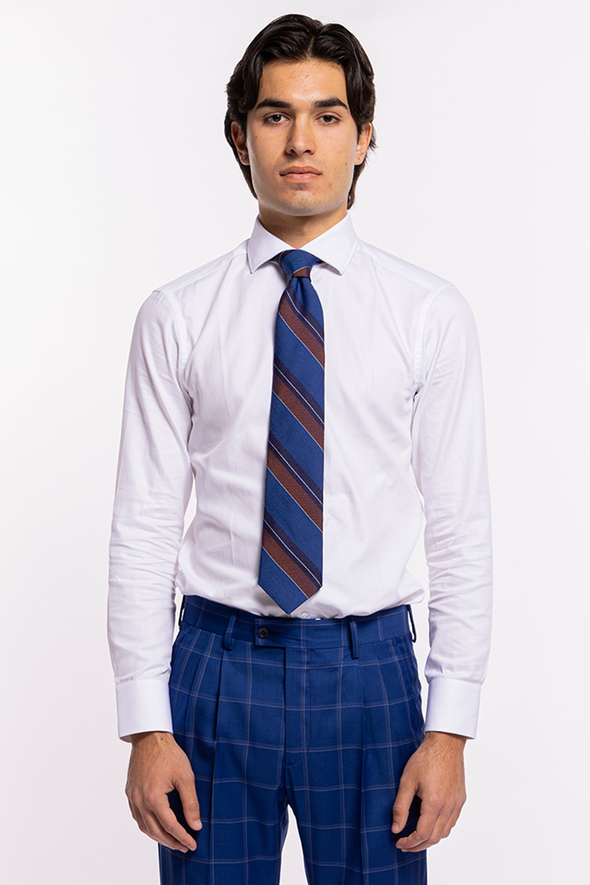 Cravatta uomo blu chiaro 9cm in seta fantasia riga diagonale larga marrone da cerimonia elegante