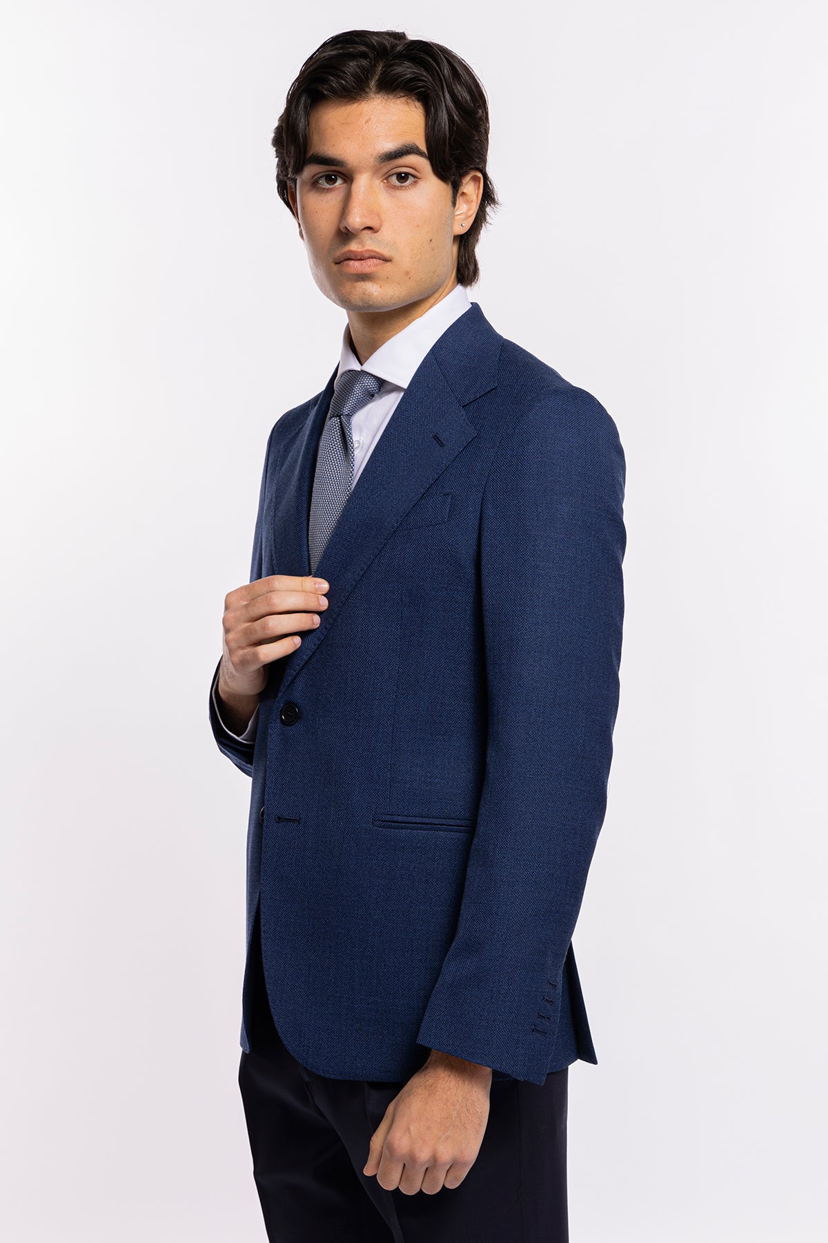 Giacca uomo monopetto Blu nido d'ape 100% lana Bristol Tessuti Napoli Rever largo classico