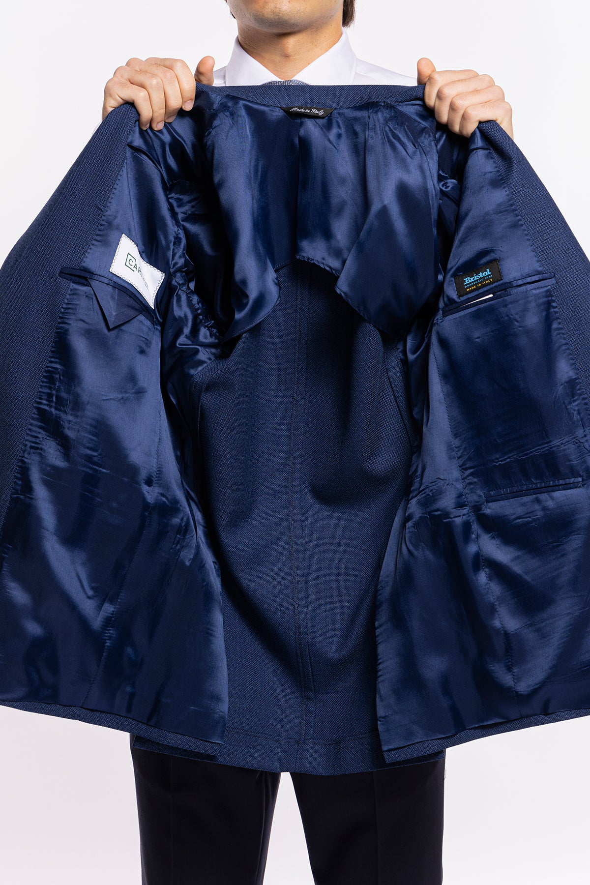 Giacca uomo monopetto Blu nido d'ape 100% lana Bristol Tessuti Napoli Rever largo classico