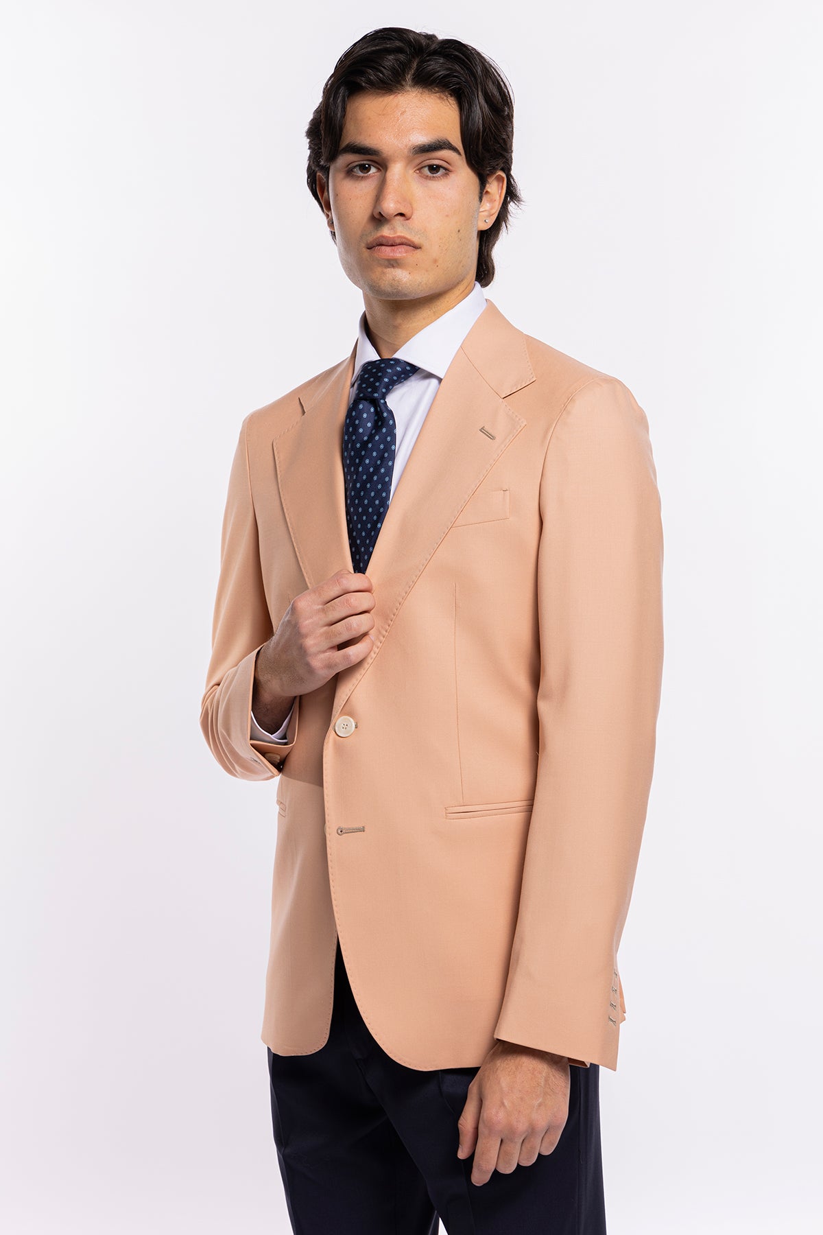 Giacca uomo monopetto Pesca fresco lana super 140's Holland & Sherry Rever largo classico