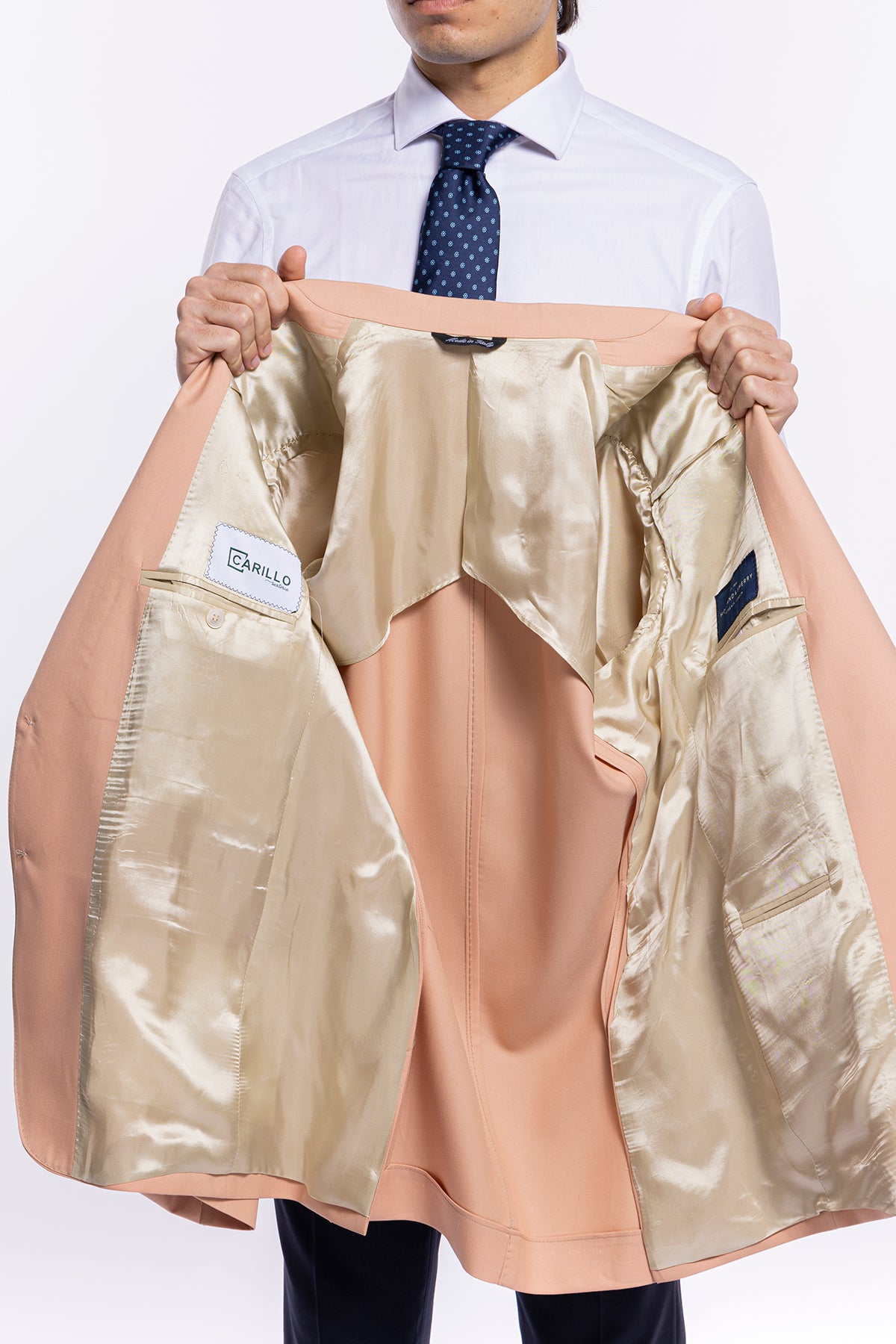 Giacca uomo monopetto Pesca fresco lana super 140's Holland & Sherry Rever largo classico