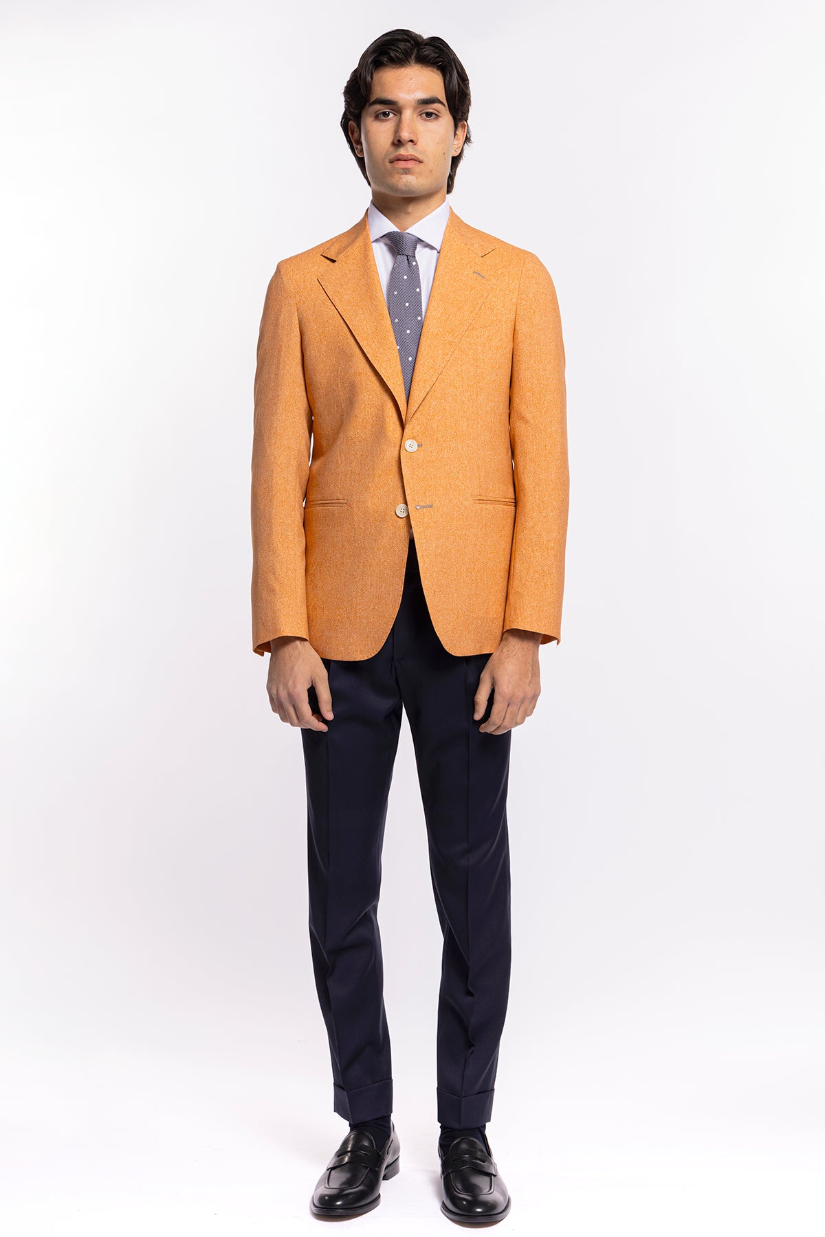 Giacca uomo monopetto arancio in fresco lana stampato Vitale Barberis Canonico Rever largo classico