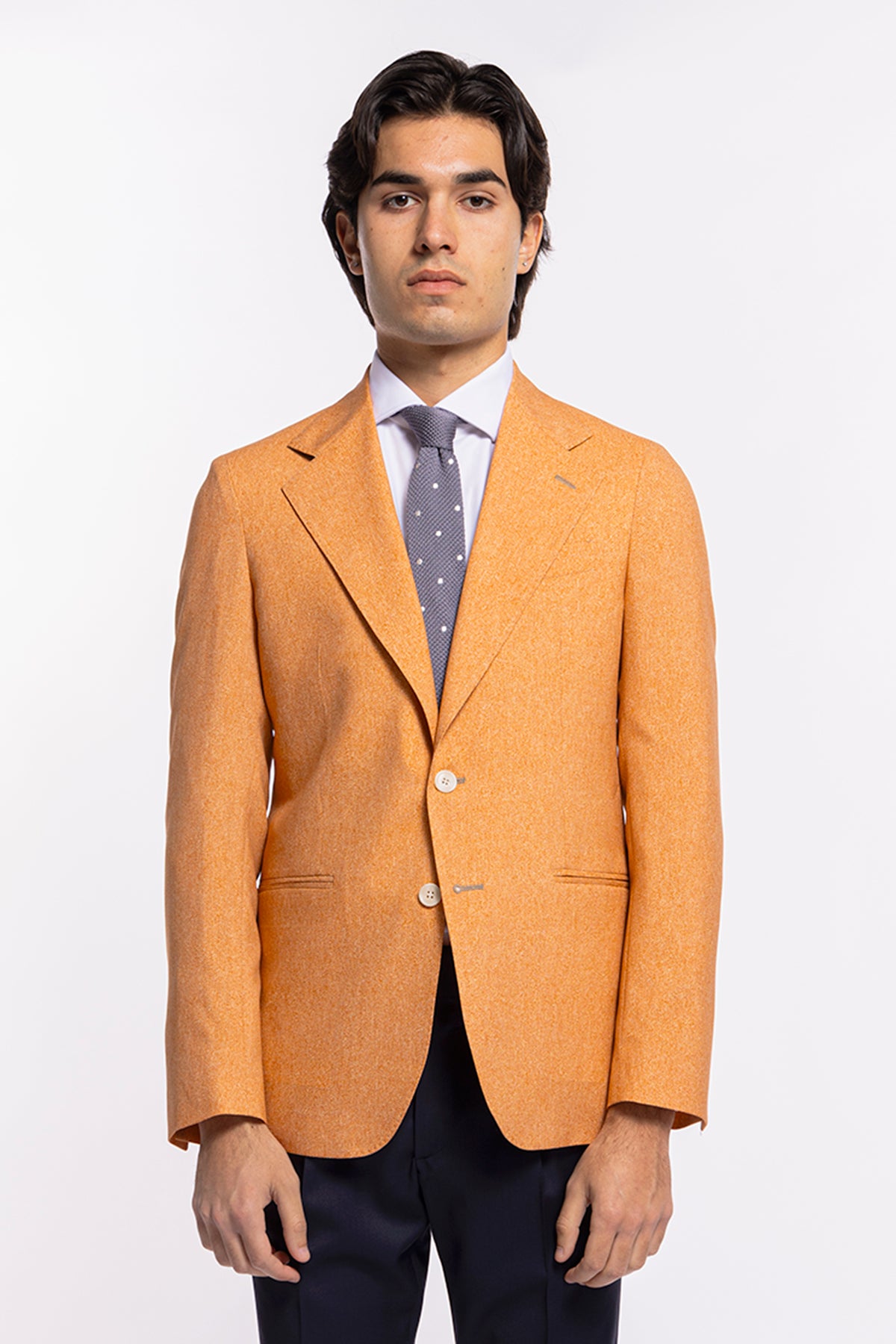Giacca uomo monopetto arancio in fresco lana stampato Vitale Barberis Canonico Rever largo classico