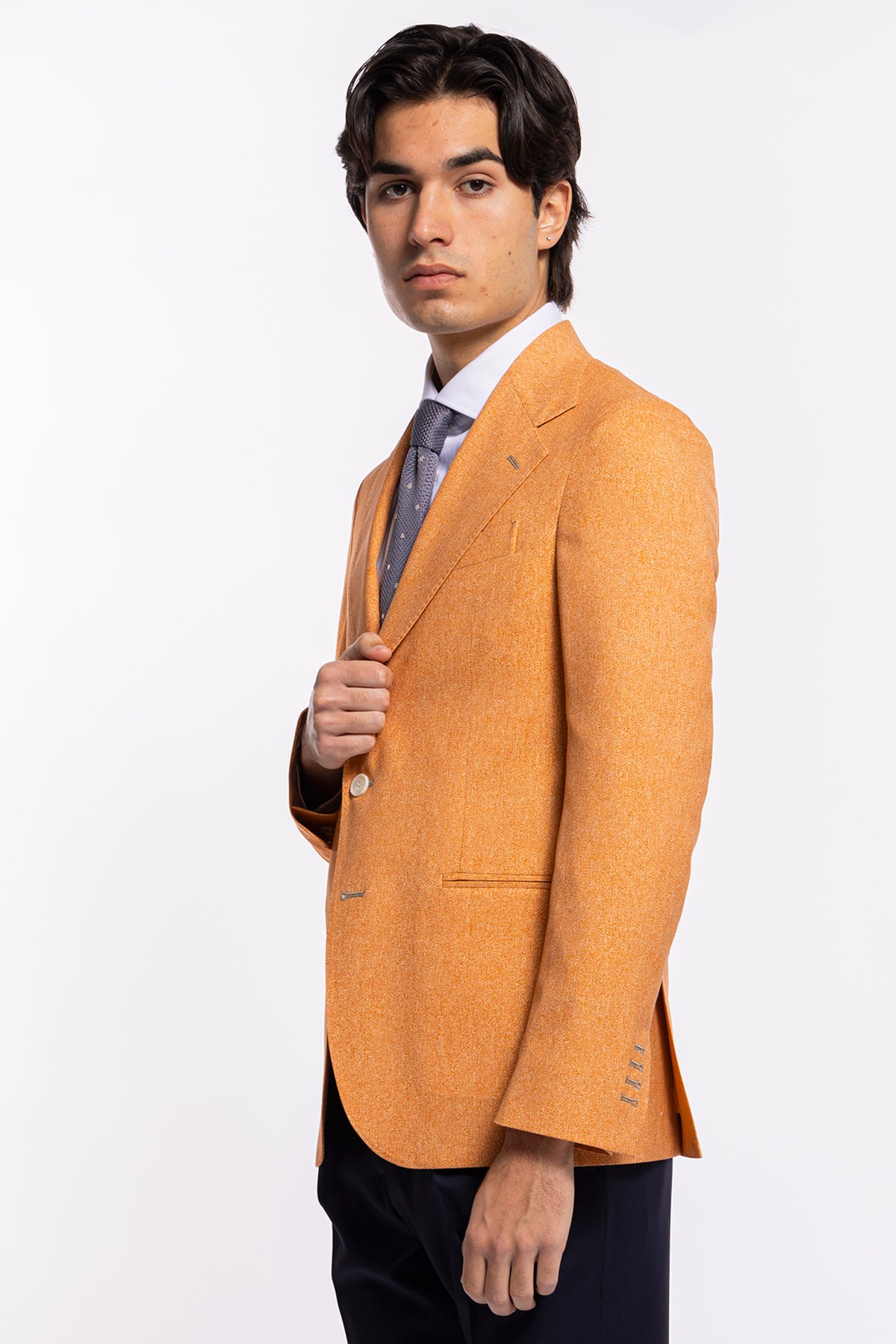 Giacca uomo monopetto arancio in fresco lana stampato Vitale Barberis Canonico Rever largo classico