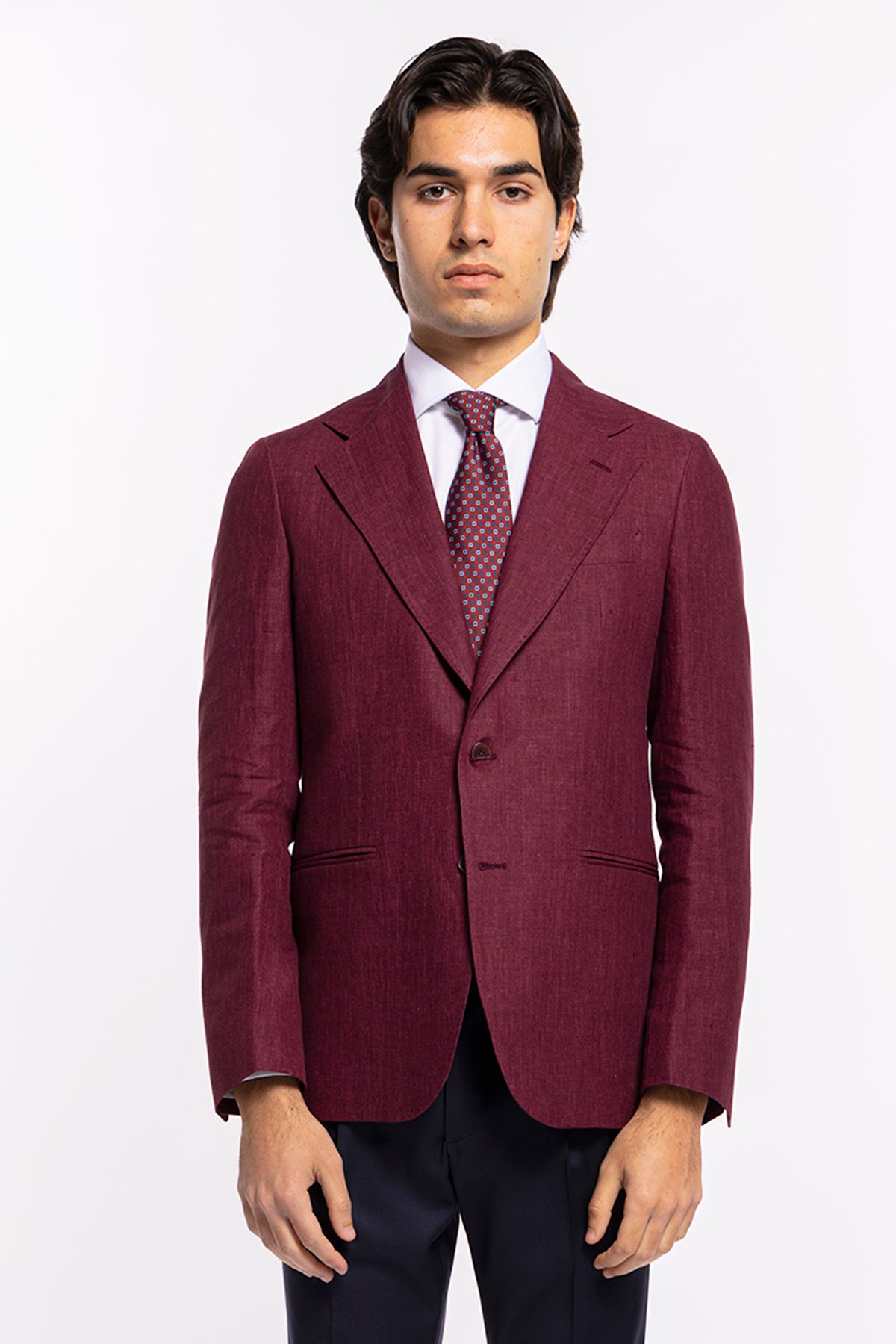 Giacca uomo monopetto bordeaux 100% lino Bristol Tessuti Napoli rever largo classico