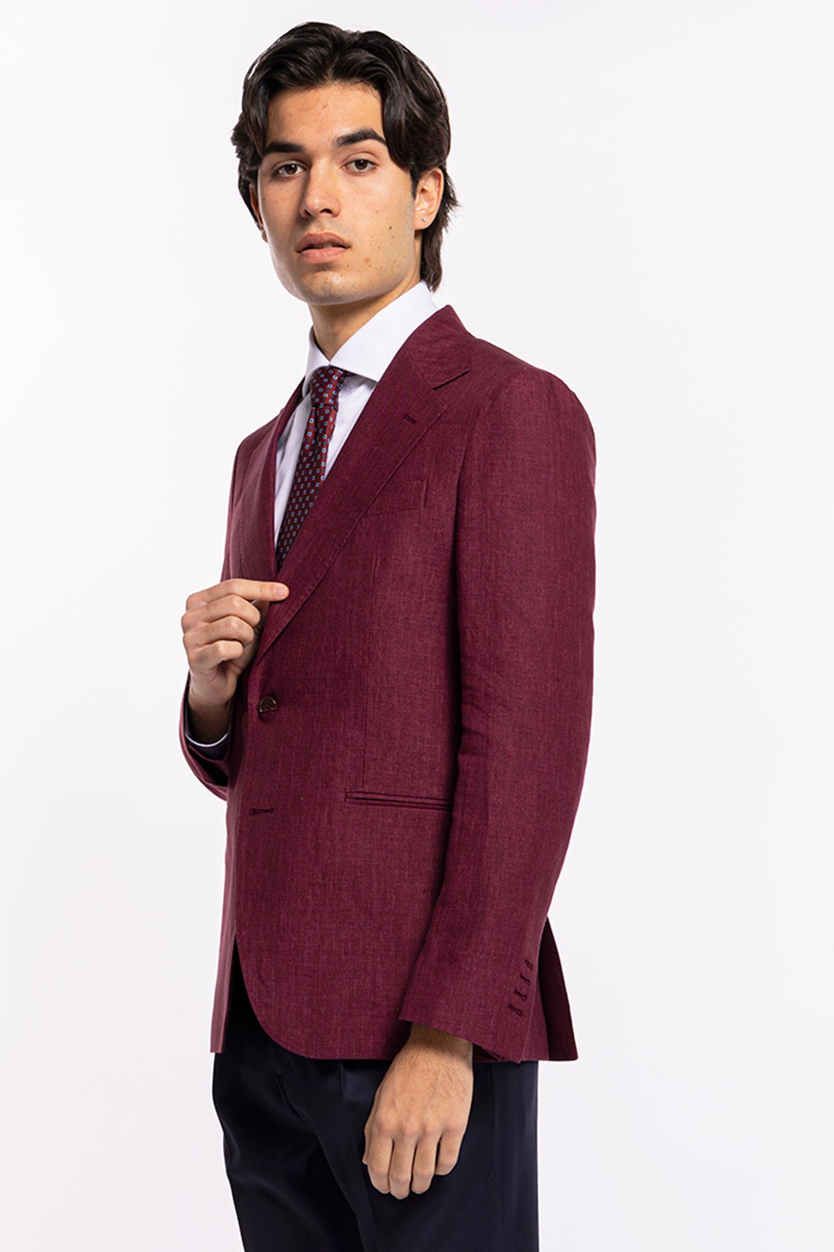 Giacca uomo monopetto bordeaux 100% lino Bristol Tessuti Napoli rever largo classico