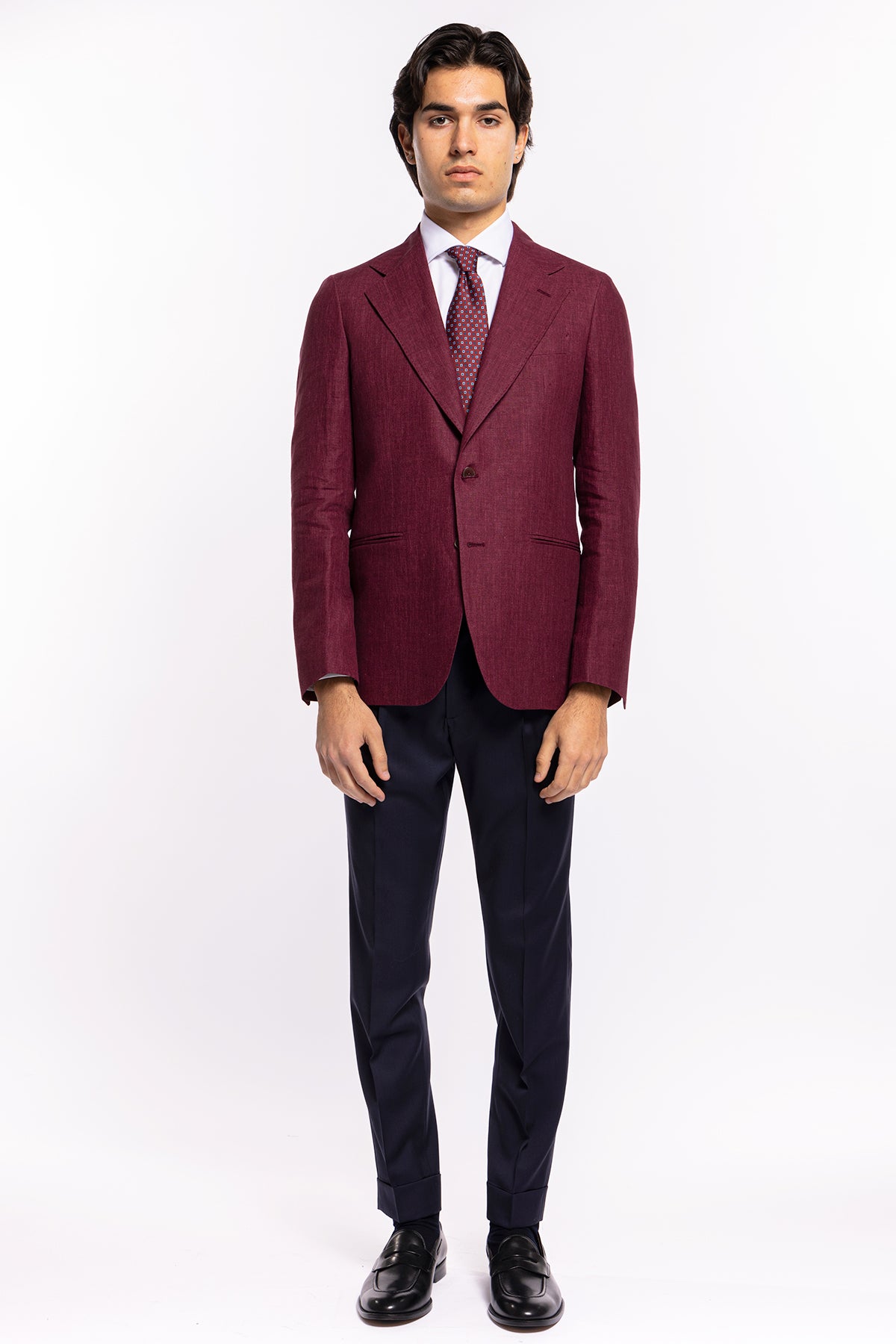 Giacca uomo monopetto bordeaux 100% lino Bristol Tessuti Napoli rever largo classico