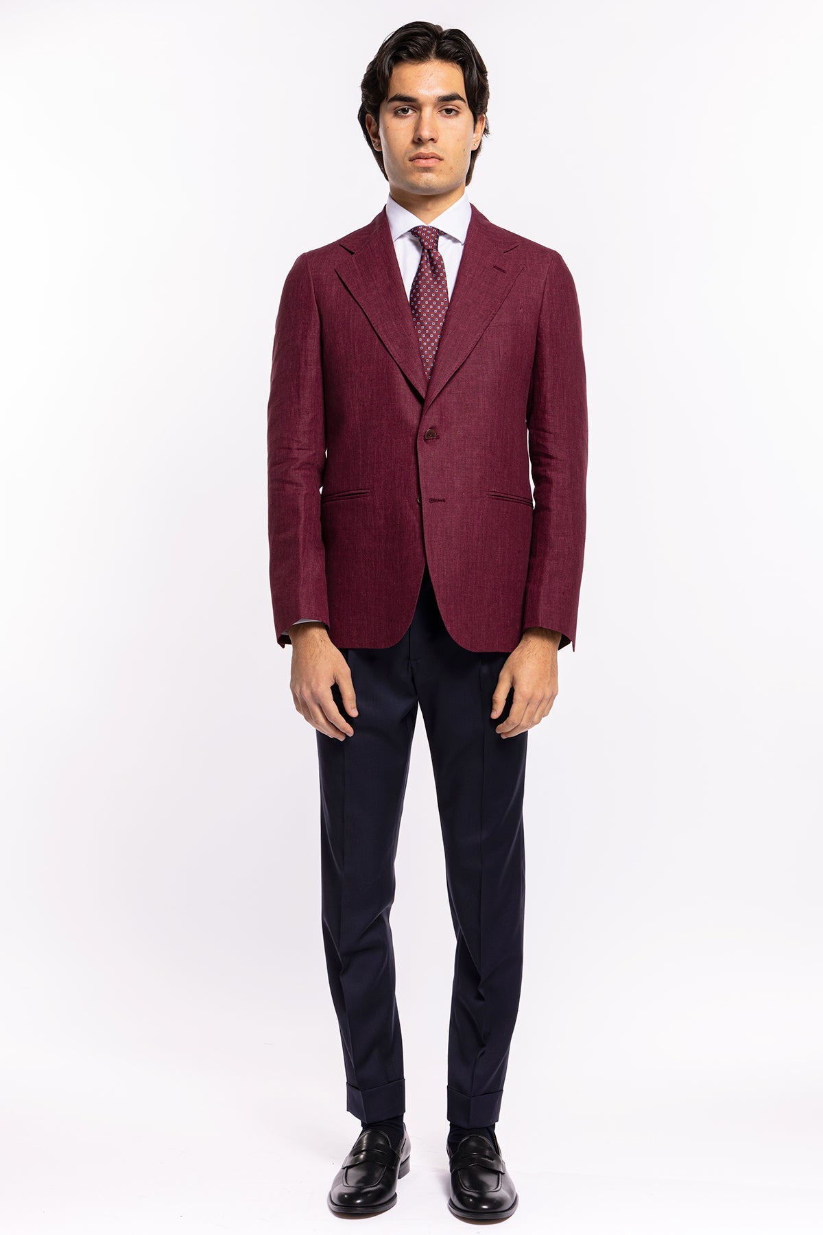 Giacca uomo monopetto bordeaux 100% lino Bristol Tessuti Napoli rever largo classico