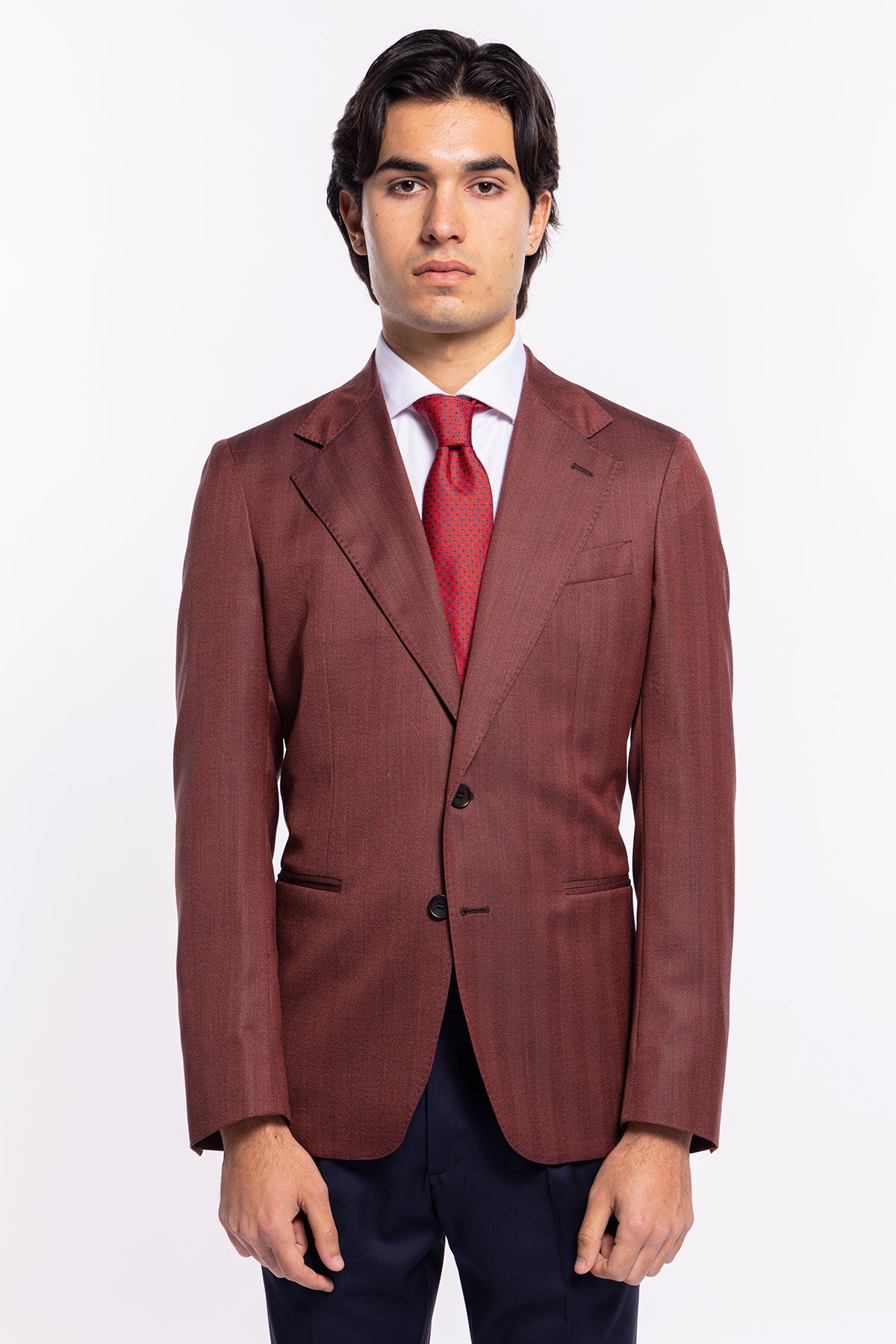 Giacca uomo monopetto rossa spigata in fresco lana Vitale Barberis Canonico sartoriale slim fit rever largo classico