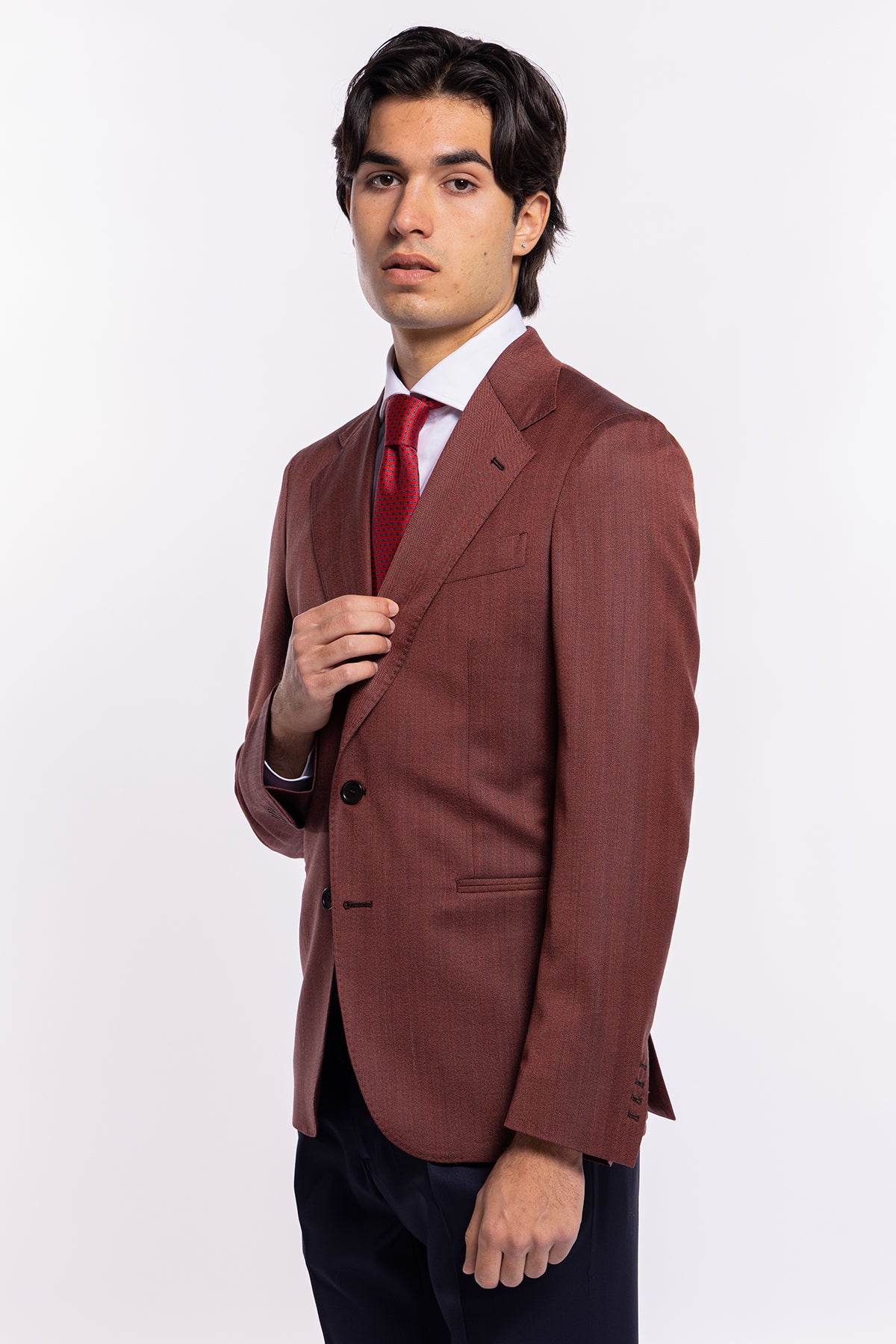 Giacca uomo monopetto rossa spigata in fresco lana Vitale Barberis Canonico sartoriale slim fit rever largo classico
