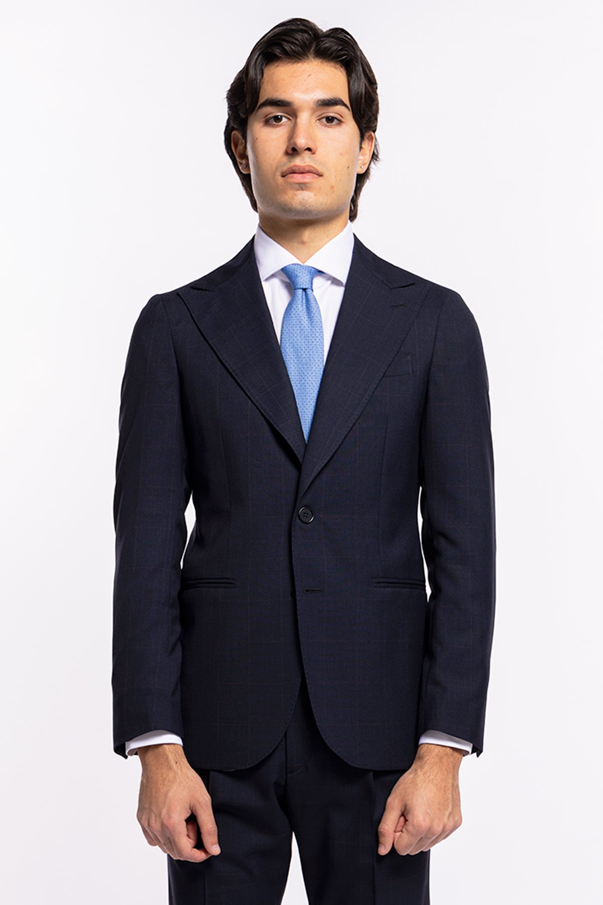 Giacca uomo monopetto blu quadro rosso fresco lana super 120's Holland & Sherry Rever largo a lancia