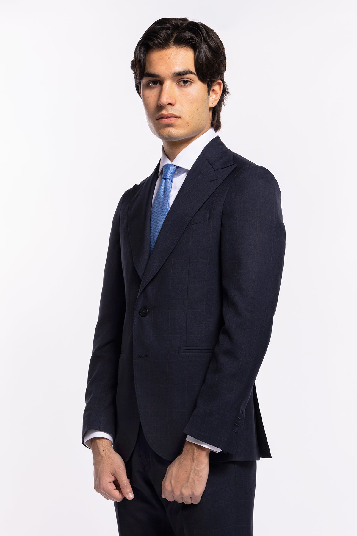 Giacca uomo monopetto blu quadro rosso fresco lana super 120's Holland & Sherry Rever largo a lancia